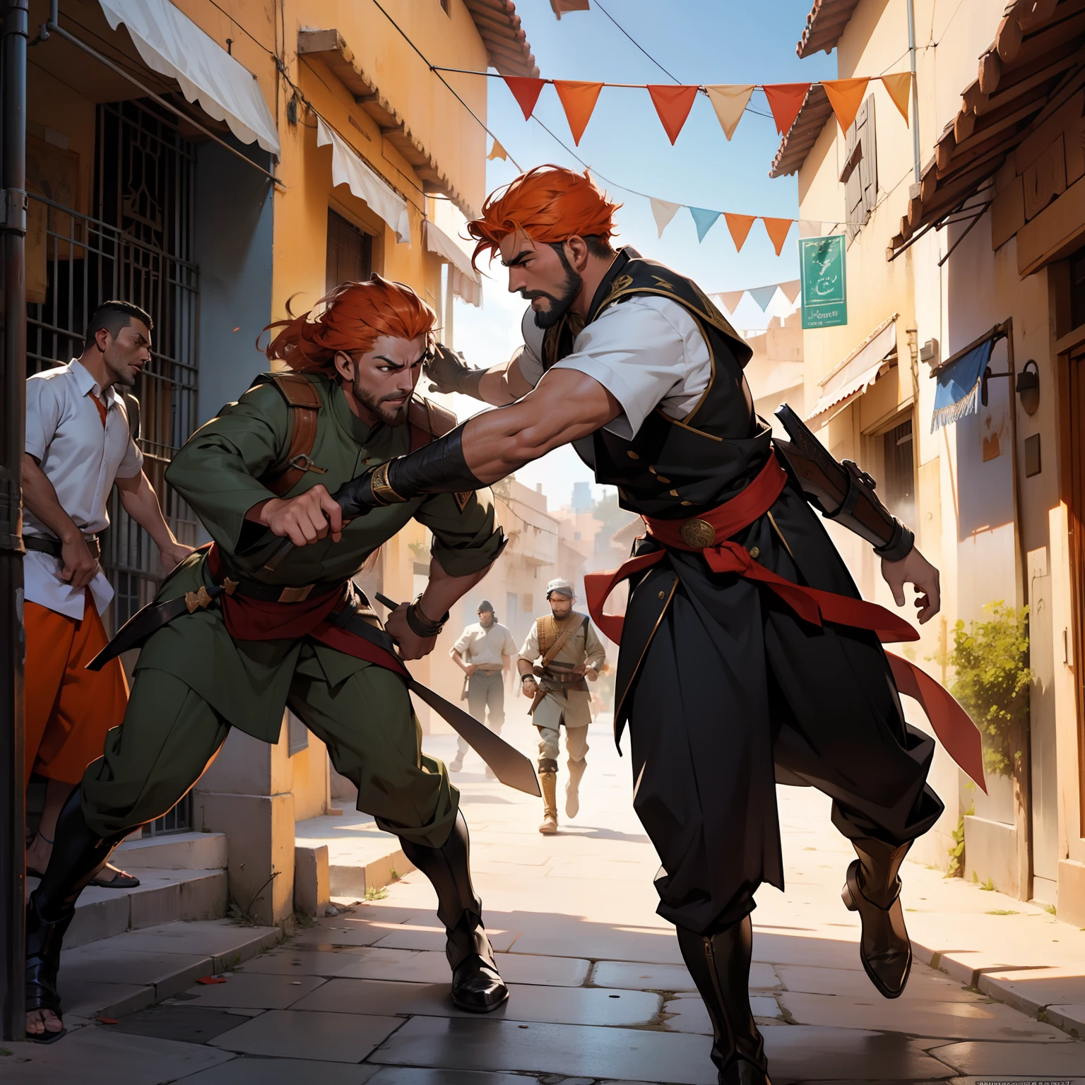 Battle scene between two Muslim generals in a 35-year-old Moroccan city with orange hair and other black hair