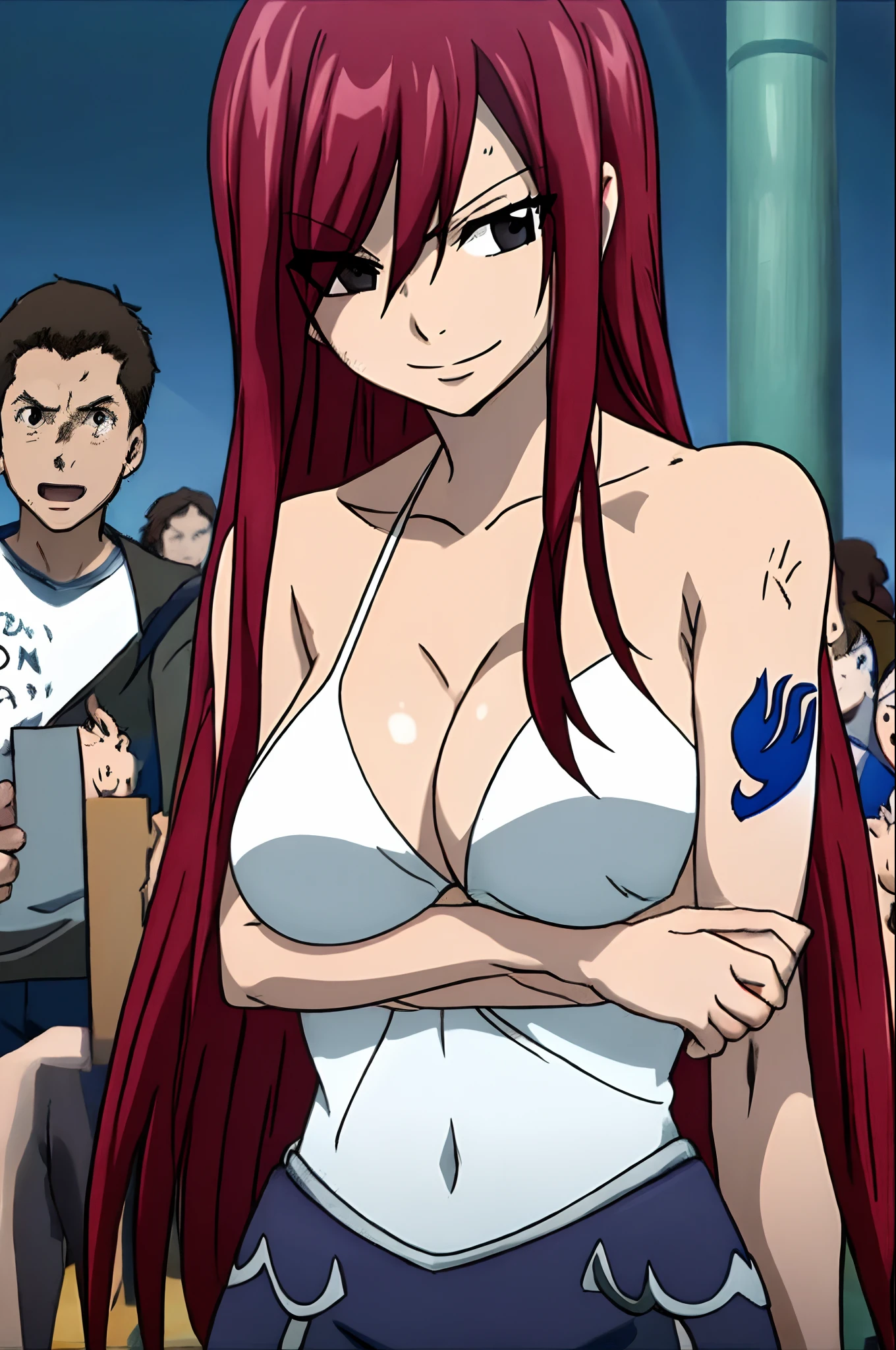 best quality, hires, Scarlet erza, (tiny black bikini only), location: wresting colosseum with crowd watching, adult woman, mature woman, big breasts, lying down, cowboy shot, best quality, ((right shoulder)), slightly strong arms, looking at viewer, important: shoulder tattoo only), big smile, (broad shoulders, strong arms), perfect body, no injuries, knocked down, clean body, from left side, push up, ((folded arms))