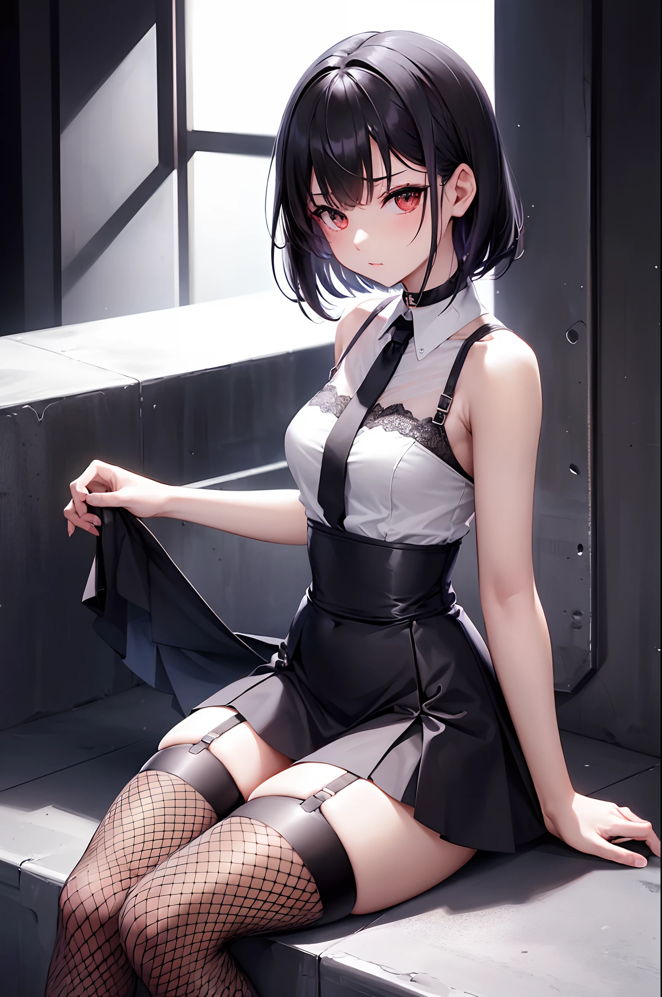 1girl in, arm_support, arms_behind_back, bangss, bare_arms, bare_shoulders, black_choker, black_hair, black_legwear, black_skirt, blunt_bangs, brown_eyes, a choker, 鎖骨, corsets, fishnet_legwear, fishnet tights, garter_straps, Hi waist_skirt, Ren Hao, Race trimmed_legwear, lace_trim, leaning_back, a miniskirt, The shirt, short_hair, sitting on, skirt by the, sleeveless, sleeveless_shirt, 独奏, thighs thighs thighs thighs, thighs thighs thighs thighs、(small tits)