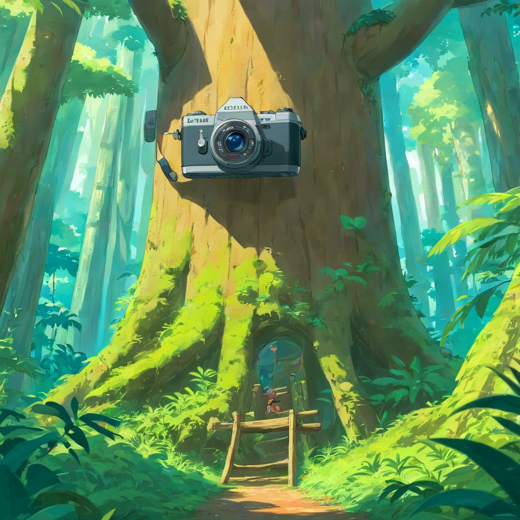 A digital camera attached to a tree in a rainforest positioned to photograph the animals passing in front of the camera.