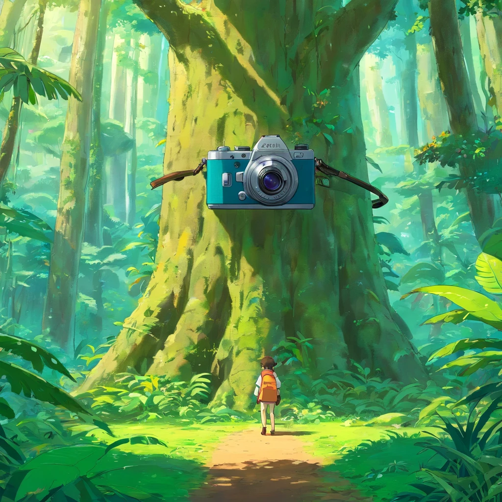 A digital camera attached to a tree in a rainforest positioned to photograph the animals passing in front of the camera.