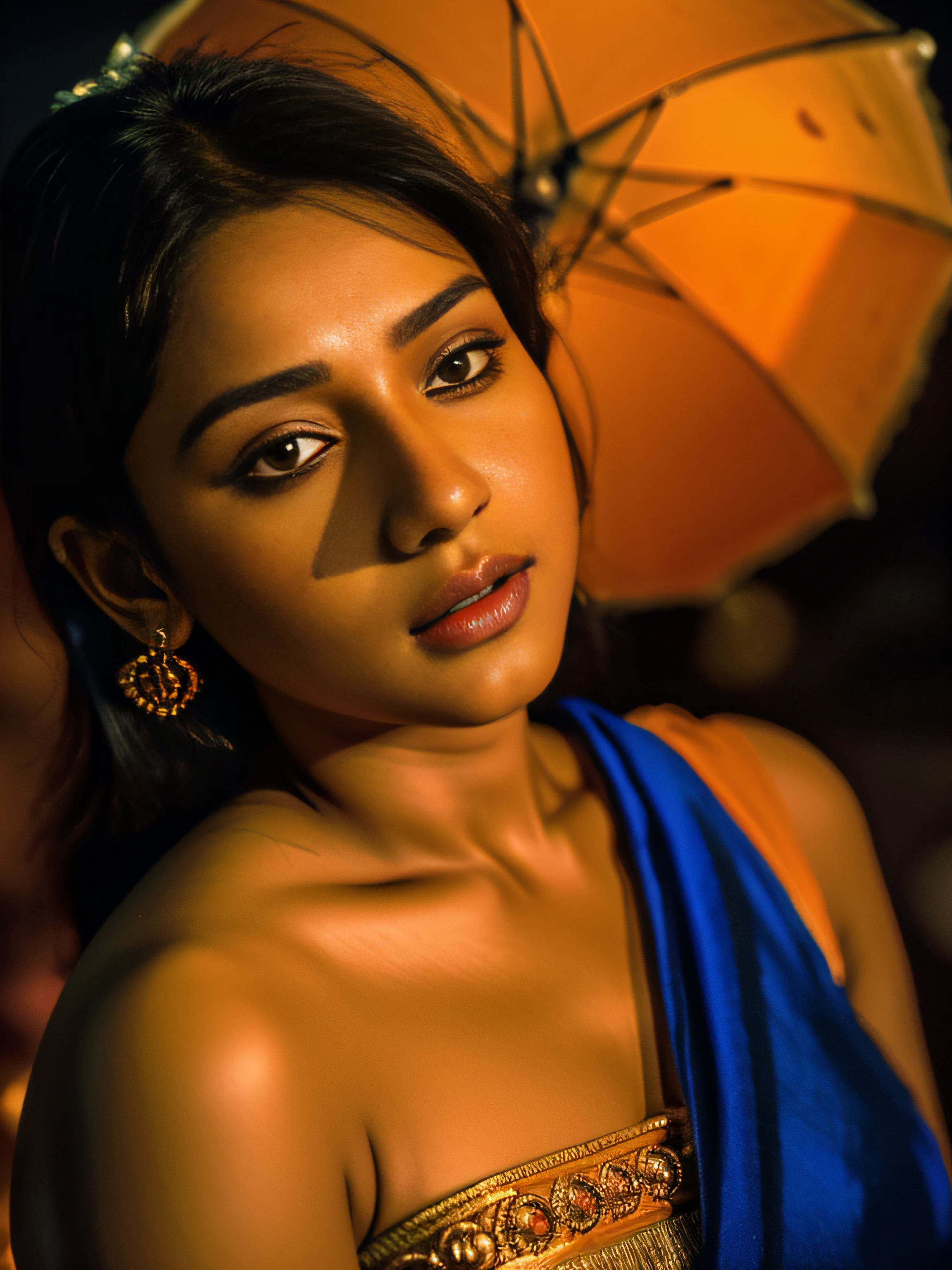 a close up of Eesha Rebba wearing a blue and orange sari, traditional beauty, with lovely look, with beautifull face, cute face, very beautiful enga style, adorned with precious stones, assamese aesthetic, indian style, wearing elegant jewellery, with a beautifull smile, with small studded earings, wearing beautiful clothes , telugu actress Eesha Rebba, (editorial photograph of an Indian actress nia sharma, energetic, 21 y.o. female), (wearing worn out clothes, detailed:1.3), (orange natural big lips, highly detailed face:1.4), (background inside dark, moody, private study, studio lights:1.3), (8k, uhd, dslr, high quality, cinematic lighting, bokeh), (dramatic, award winning photography, incredible masterpiece:1.3) (strong depth of field), dark orange lips, nia sharma Hindi Actress(model)