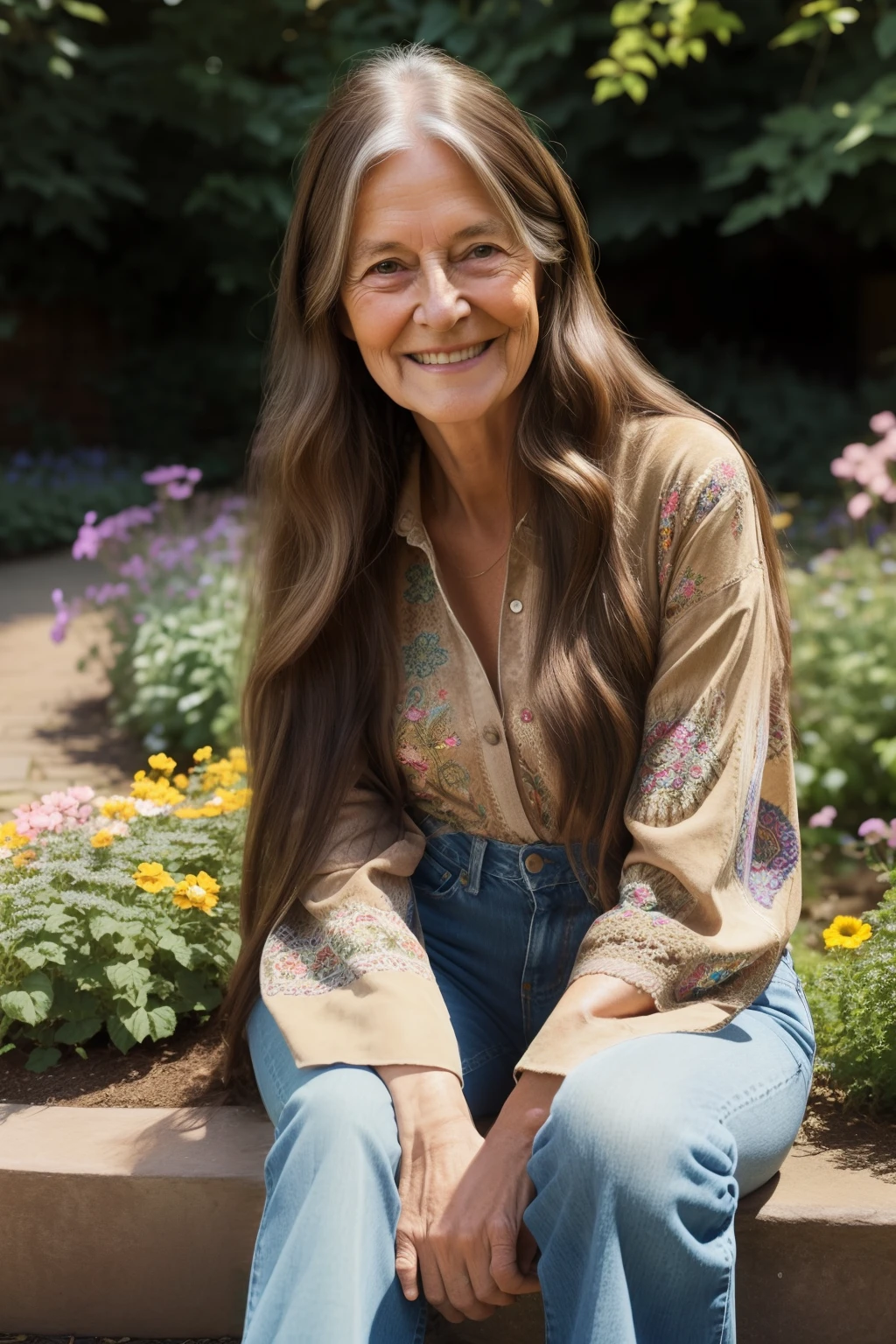 Elderly hippie woman, long brown hair, wearing high waisted flare jeans, loose blousy top, brown, suede boots; sitting in the garden, smiley expression, symmetrical face, symmetrical eyes, photorealistic, soft pastel colours, intricate, path tracing, illustration, insanely detailed, direct sunlight on face, path traced hair