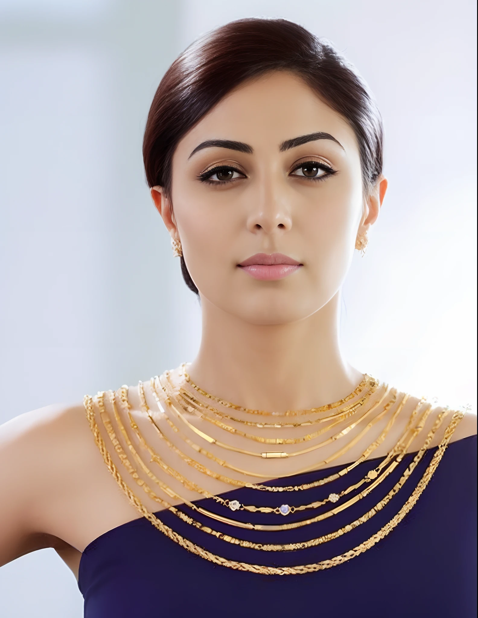 a close up of a woman wearing a necklace and a dress, wearing gold jewellery, gold jewellery, heavy gold jewellery, wearing elegant jewellery, wearing gold chain, golden jewellery, wearing a gold chain, wearing jewellery, gold necklace, intricate gold jewlery, gold jewerly, photo of a hand jewellery model, adorned with precious stones, gold jewelry, indian super model