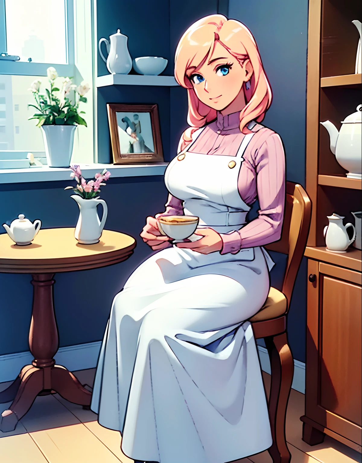 (robot housewife),(display case),(pink dress),(blonde hair),(blue eyes),(plastic skin),(best quality,4k,8k,highres,masterpiece:1.2),ultra-detailed,(realistic,photorealistic,photo-realistic:1.37),portraits,(vibrant colors,colorful:1.1),(soft lighting),(silverware),(spotless kitchen),(beautifully decorated room),(floral wallpaper),(sparkling clean),(freshly baked bread),(kitchen appliances),(polished countertops),(cooking utensils),(elegant surroundings),(big windows),(tidy and organized),(comfortable living space),(tastefully designed),(lush garden),(well-kept lawn),(bright and inviting),(cozy couch),(artificial plants),(stunning artwork),(dainty tea set),(delicate porcelain figurines),(glass showcase),(precious collectibles),(interesting artifacts),(showcasing treasures),(spotlight),(meticulously arranged),(enticing arrangement)