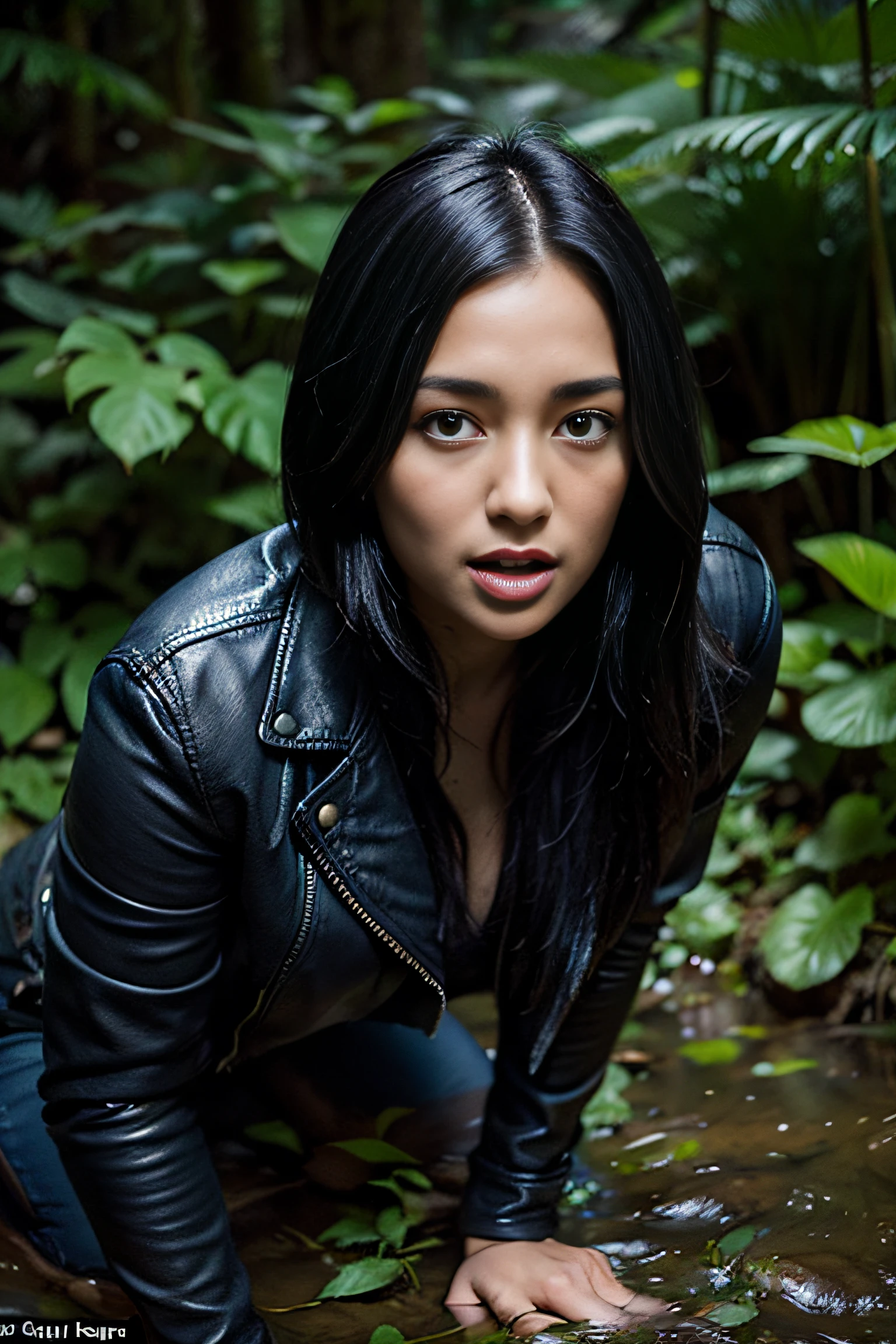 Dynamic frame, (a closeup of a), woods, Muddy swamp pit, overgrown with reeds and shrubs, Place, hidden by dense shrubs from outsiders, the night, Pitch darkness, Tormented by lust, A woman is desperately trying to get out, Meanders, Jeans, leather jacket, sensually licks his lips