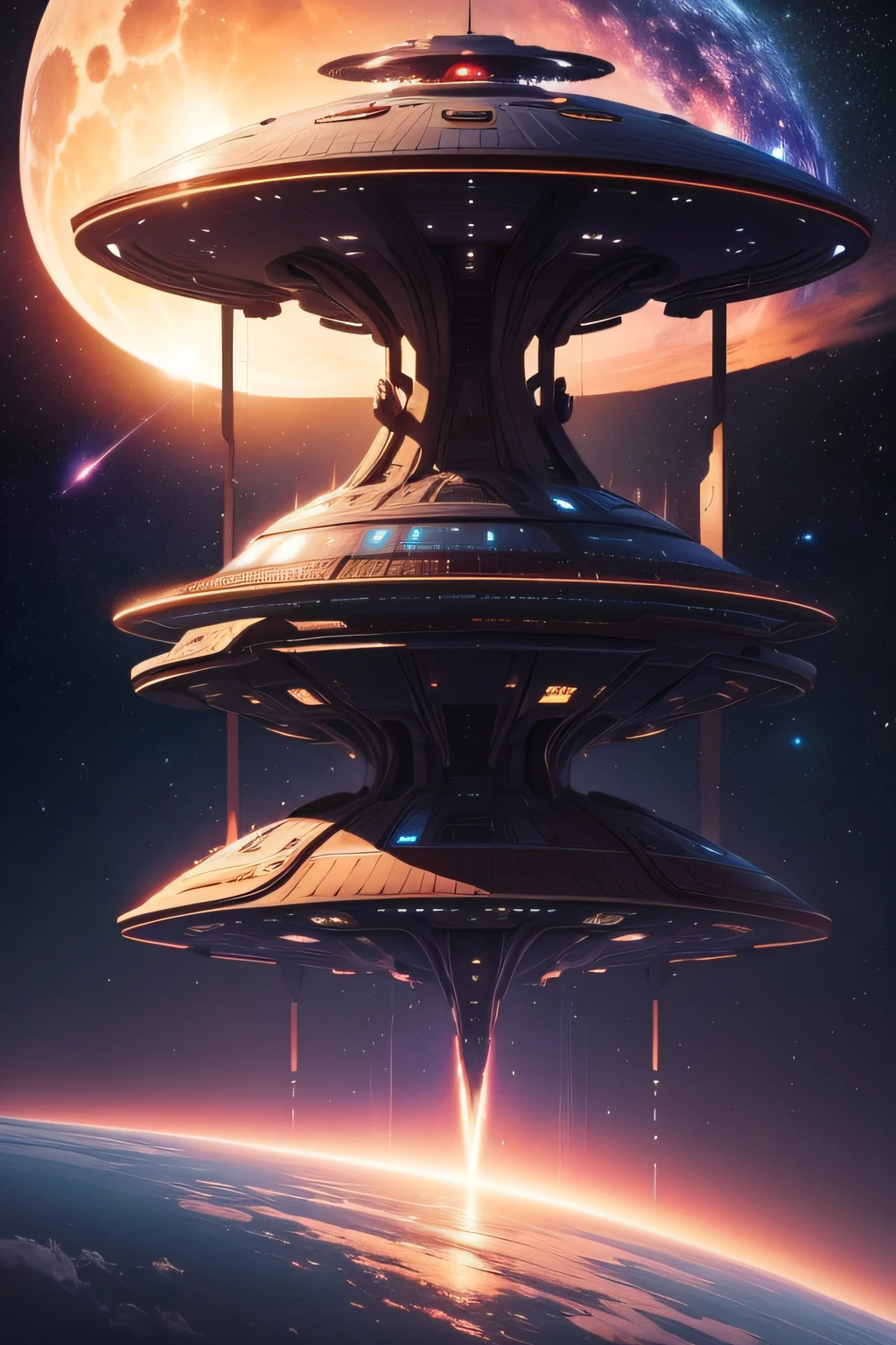 a magnificent alien mother ship, very detailed and very futuristic, in manga style. There is a sunrise and at the same time we see the galaxy and the stars as well as a shooting star