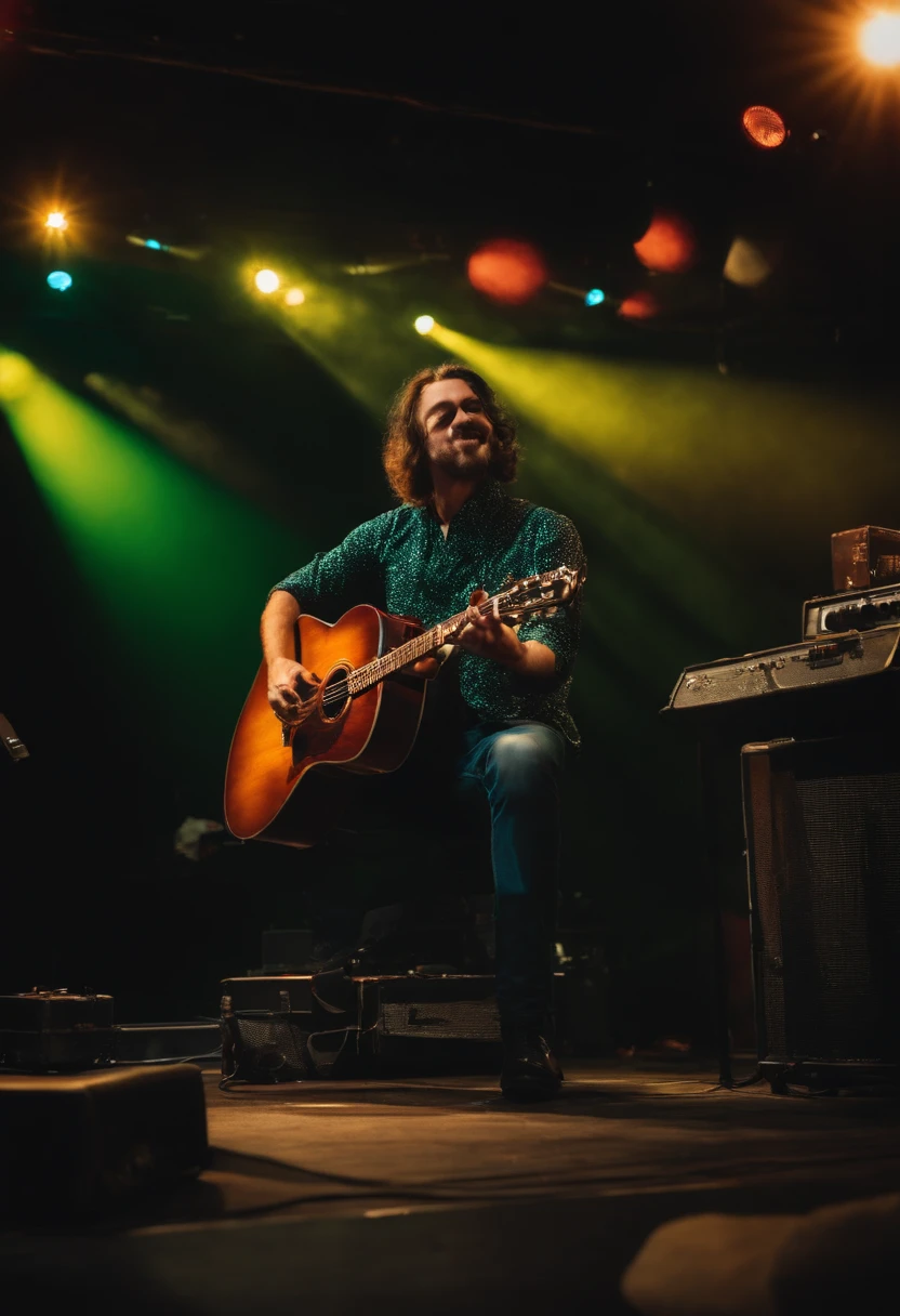 Crie uma imagem de um cachorro guitarrista em um palco iluminado, with a vintage guitar amp and a cheering crowd in the audience.