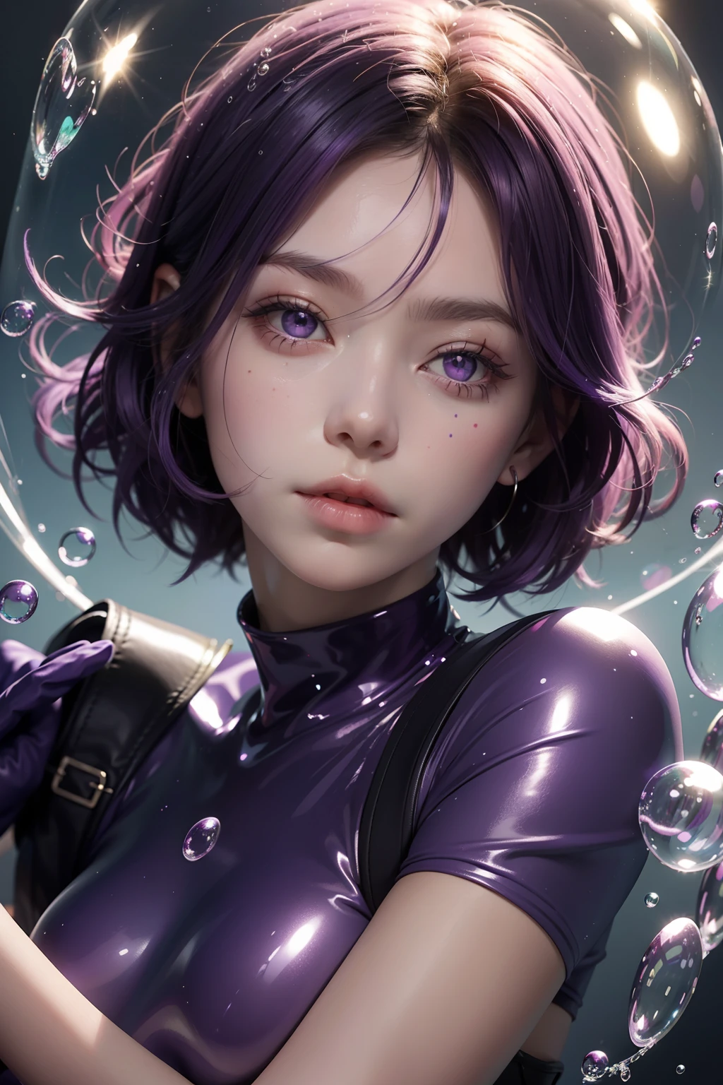 solo, 1girl, purple eyes, purple hair, bubble, looking at viewer, portrait, half-closed eyes, short hair, closed mouth,shiny bubbles,bubbles, colour shining in bubble, reflective bubbles,bubbles ,bubbles all around, turning into bubble