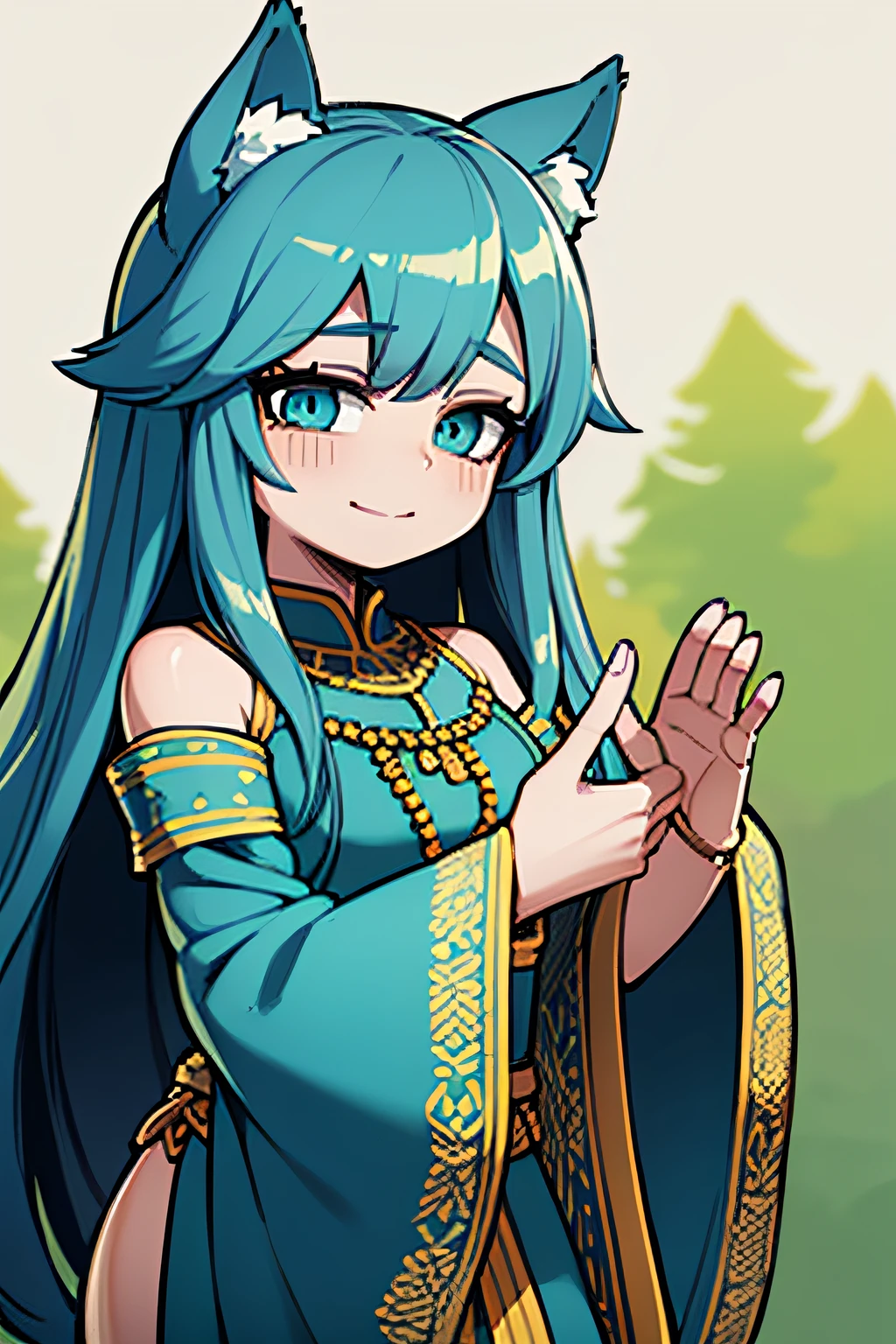 adult woman, turquoise eyes, long hair, turquoise hair, long turquoise embroidered dress, wolf tail, wolf ears blush, (happy:1.3), simple background, shiny skin, forest, standing cutely, looking at viewer, softie eyes, shy, cute.