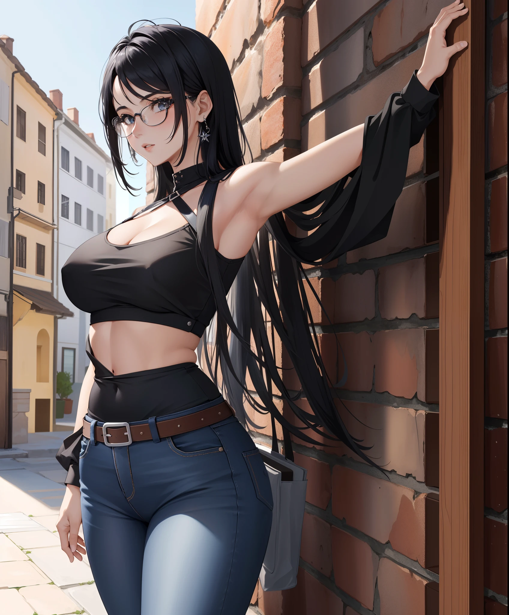 obra maestra, alta calidad, foco nítido, A Gothic Woman, cabello negro, corte de pelo mohawk, usar una camiseta sin mangas y jeans rotos, se ve un poco de boobs, pose muy sexy, se asoman bragas, gafas de sol, cara perfecta, perfect jaw, piel texturizada, labios hermosos, foto de vaquero, apoyado contra una pared, noche, cold lighting, ambiente fresco, 8k, uhd, absurdos