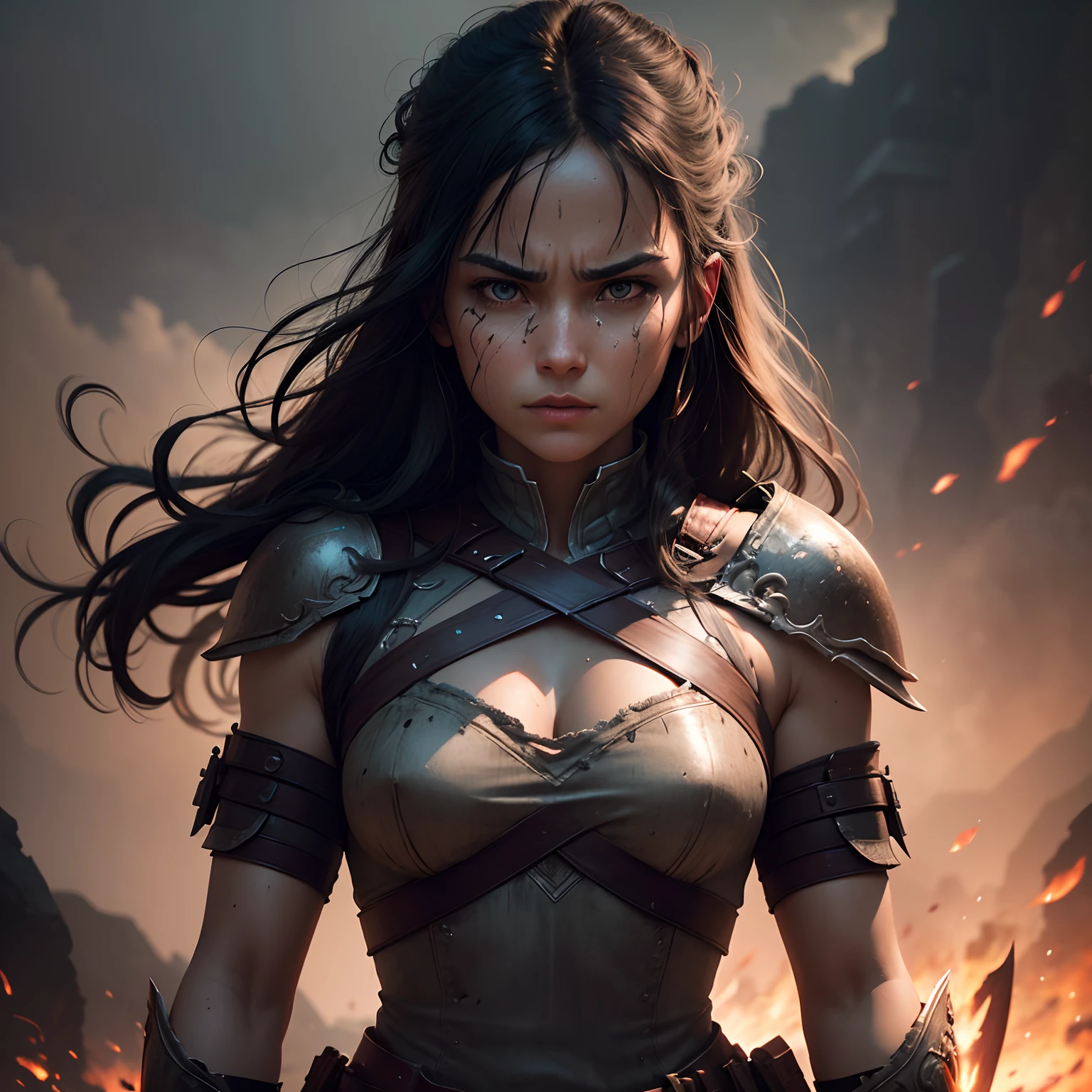 Create a breathtakingly detailed cinematic illustration of a battle-hardened female warrior in the midst of a furious conflict against demons within the hellish landscape. Although the scene is viewed from a distance, ensure that the warrior's face remains a compelling focal point. The facial features should still convey the hardships and determination of a seasoned warrior, even from afar. Use dramatic lighting and meticulous attention to detail to capture the essence of her character and the intensity of the battle unfolding in the distance. This image should be a striking cinematic masterpiece, drawing viewers into the distant yet captivating presence of the warrior as she confronts the relentless forces of darkness.