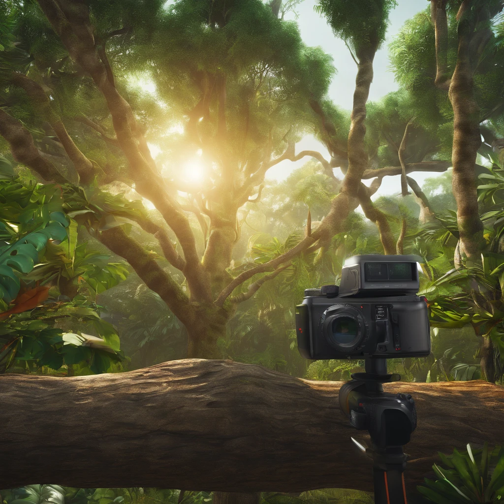 A digital camera attached to a tree in a rainforest positioned to photograph the animals passing in front of the camera.