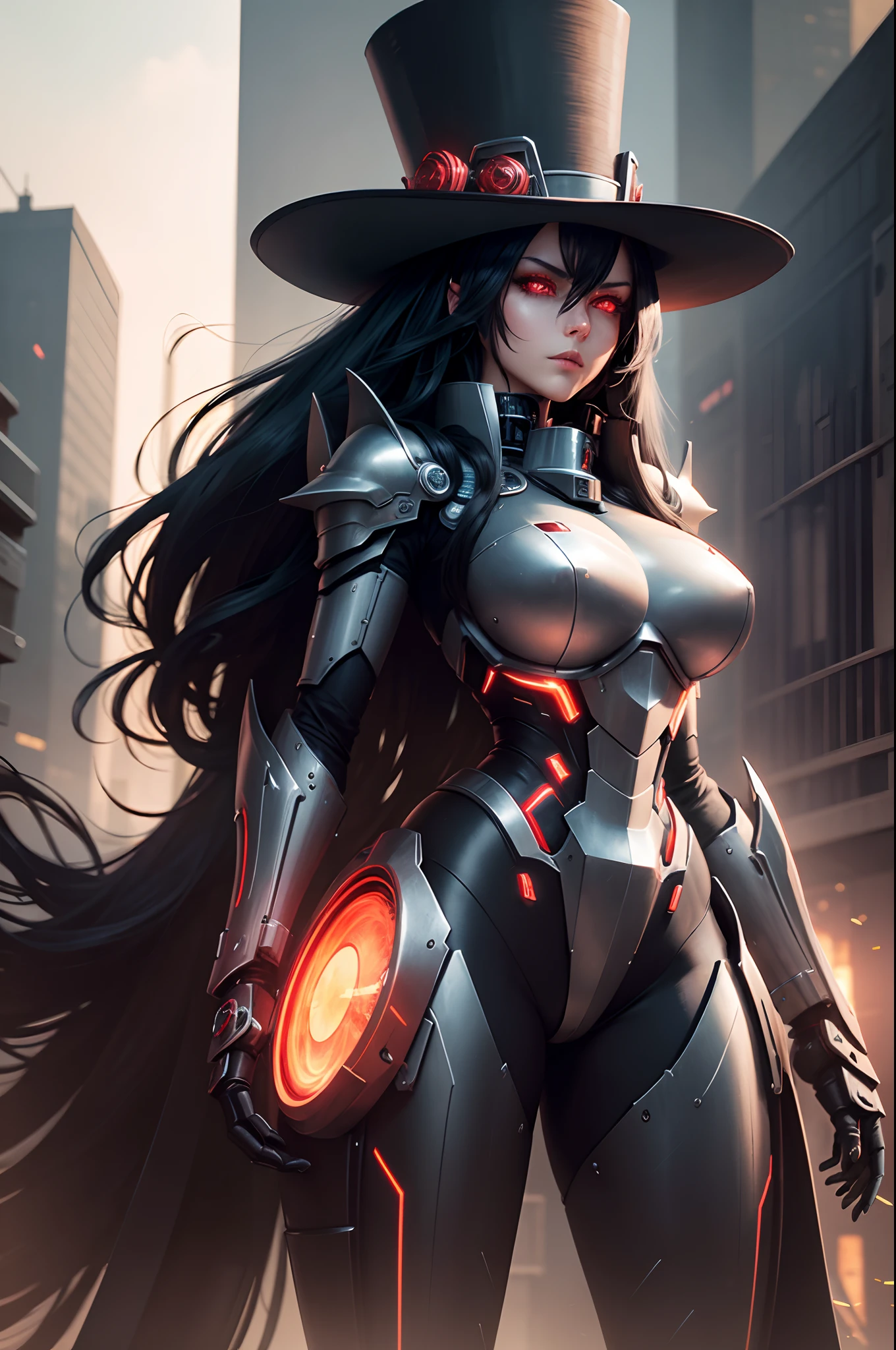 best quality, ultra-detailed, HDR, mecha female titan, long black hair, top hat, exposed machinery, glowing red eyes, strong and powerful posture, metallic armor, futuristic background, cityscape, vibrant color palette, intense lighting