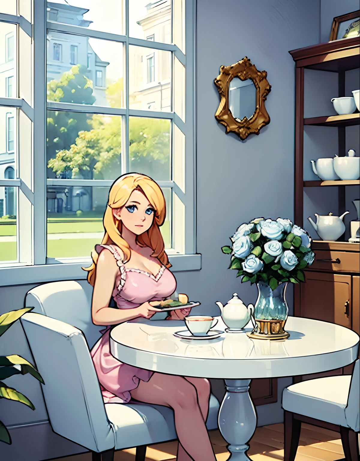 (robot housewife),(display case),(pink dress),(blonde hair),(blue eyes),(plastic skin),(best quality,4k,8k,highres,masterpiece:1.2),ultra-detailed,(realistic,photorealistic,photo-realistic:1.37),portraits,(vibrant colors,colorful:1.1),(soft lighting),(silverware),(spotless kitchen),(beautifully decorated room),(floral wallpaper),(sparkling clean),(freshly baked bread),(kitchen appliances),(polished countertops),(cooking utensils),(elegant surroundings),(big windows),(tidy and organized),(comfortable living space),(tastefully designed),(lush garden),(well-kept lawn),(bright and inviting),(cozy couch),(artificial plants),(stunning artwork),(dainty tea set),(delicate porcelain figurines),(glass showcase),(precious collectibles),(interesting artifacts),(showcasing treasures),(spotlight),(meticulously arranged),(enticing arrangement)