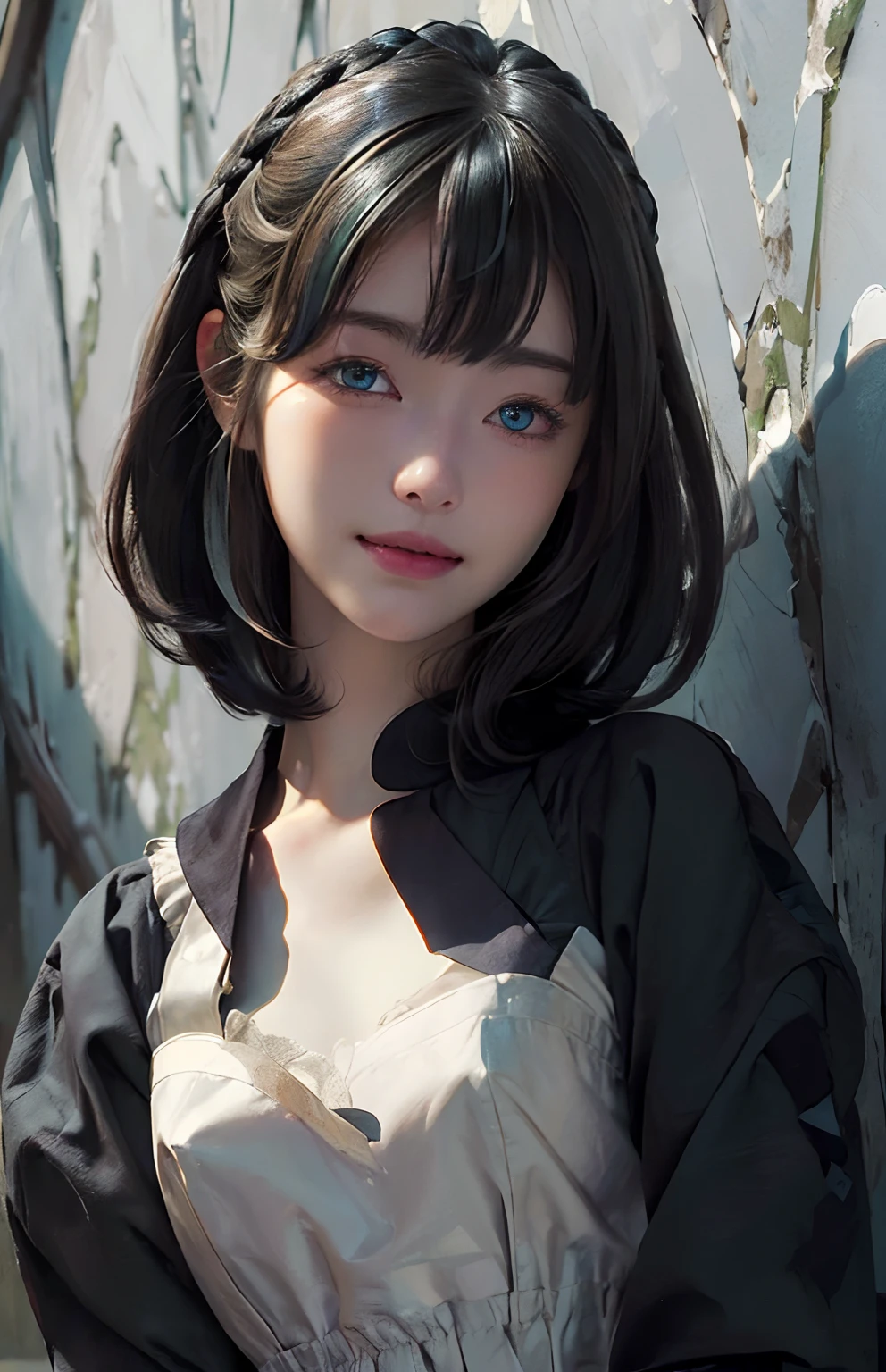 (A hyper-realistic)、(illustratio)、(hight resolution)、(8K)、(ighly detailed)、(Best Illustration)、(beautifully detailed eyes)、(top-quality)、(ultra-detailliert)、(masterpiece)、(wall-paper)、(A detailed face)、独奏、1 girl in、looking at viewert、fine detailed、A detailed face、in the darkness nigth、deep-shadows、lowkey、pureerosfaceace_v1、A smile、(Pixie Hair)、maid clothes、46-point diagonal bangs、a blond、((Heterochromia))