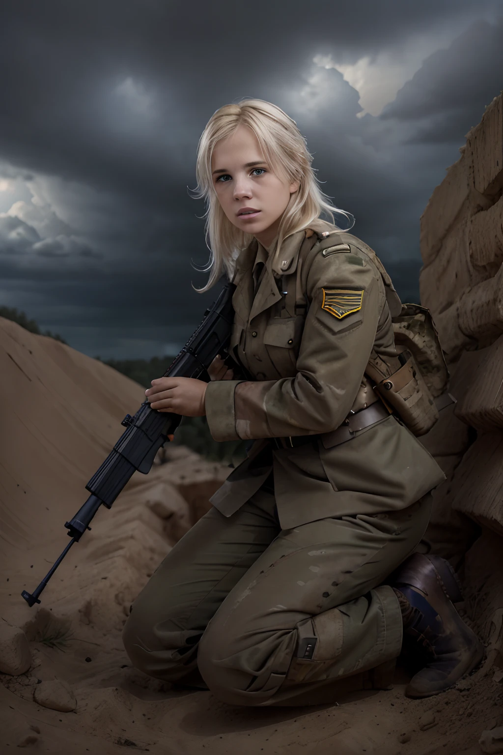 A portrait of a blond female soldier hiding in a trench under heavy fire in ww2, holding a rifle, stormy sky in the background,  nikon d850 film photograph, rich colors hyper realistic lifelike texture dramatic lighting, (wearing full army uniform : 1.3)