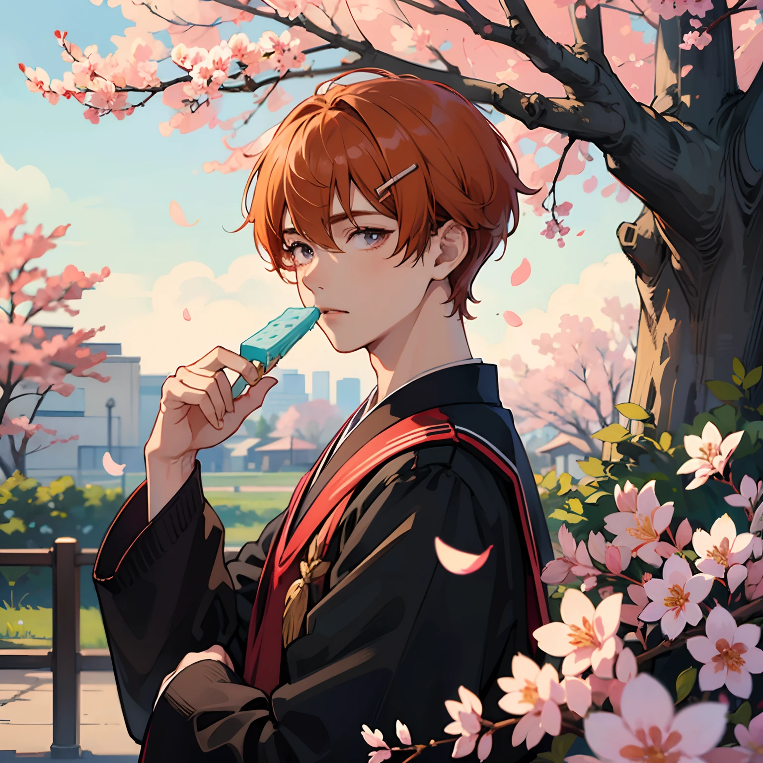 1boy, male, japanese school uniform, very dark brown hair, wine colored eyes, school entrance, sakura tree leaves falling, cute, icecream, orange hair clip,