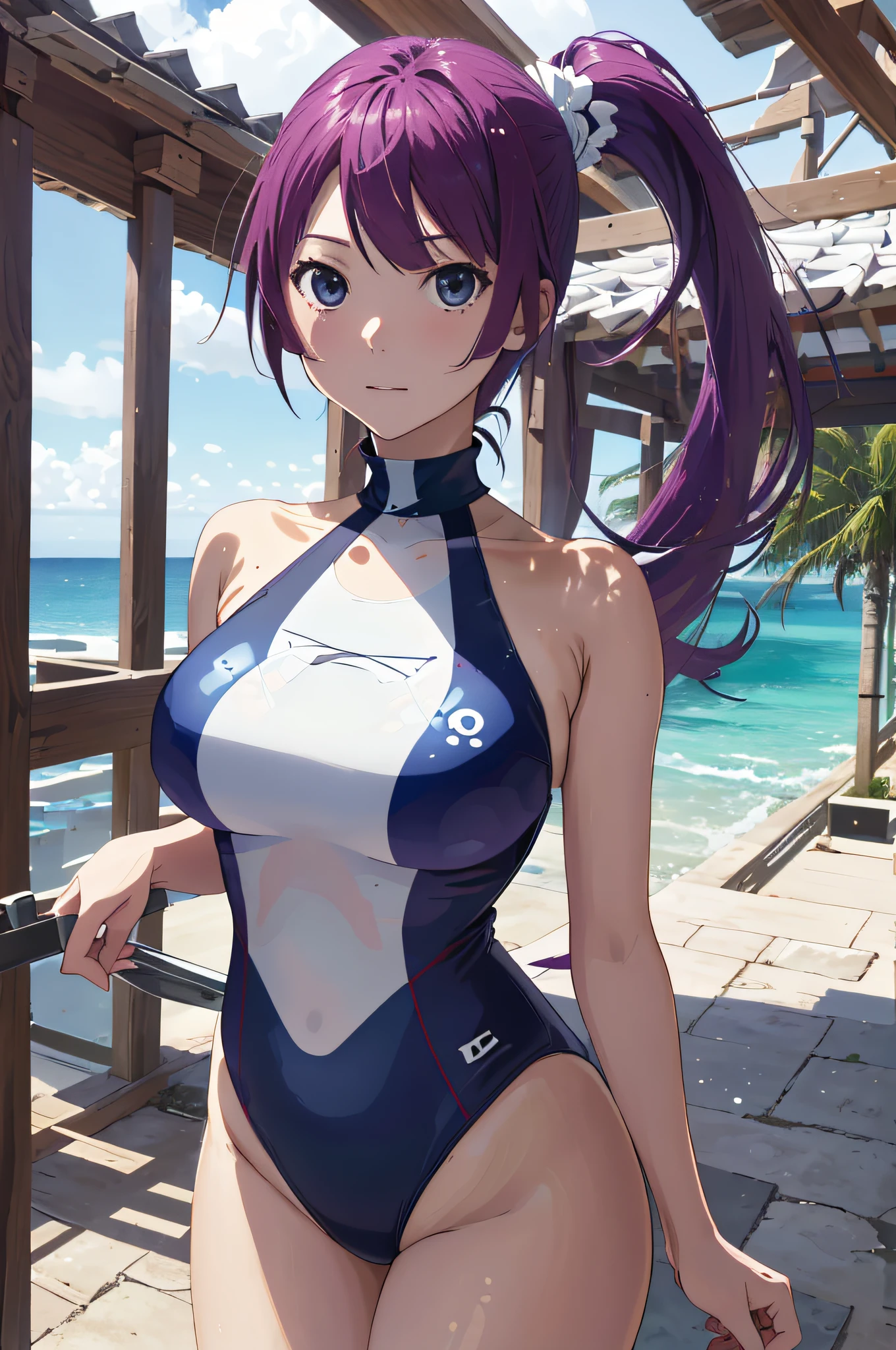 Obra maestra, La mejor calidad, Altas Resoluciones, sh1, Senjougahara Hitagi, Cabello largo, mangas largas, atar,((( high neck swimsuit))),muslos , Disparo de vaquero, Brazos cruzados,