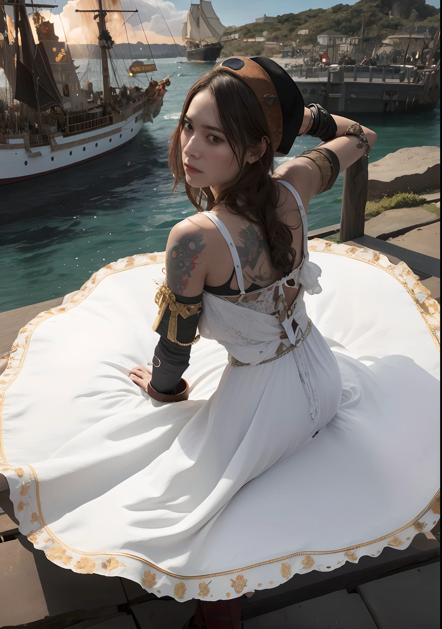 pirates,ship,black,flames,crow,torch,crowd(best quality,4k,8k,highres,masterpiece:1.2),ultra-detailed,(realistic,photorealistic,photo-realistic:1.37),moody,stormy,horror,dark atmosphere,dramatic lighting,ominous shadows,pirate flag,floating on the dark sea,ragged sails,intricate rigging,jagged rocks,swirling waves,menacing thunderclouds,sinister silhouette of a pirate ship,crimson and orange flames engulfing the mast,shadows of crows circling above,menacing eyes glaring from the ship's dark deck,fierce-looking pirates wielding cutlasses and muskets,smoke billowing from a torch held up by a pirate,an intense and chaotic scene of a pirate attack,a terrified crowd of sailors and civilians witnessing the mayhem,starlit sky adding a touch of mystery to the scene.