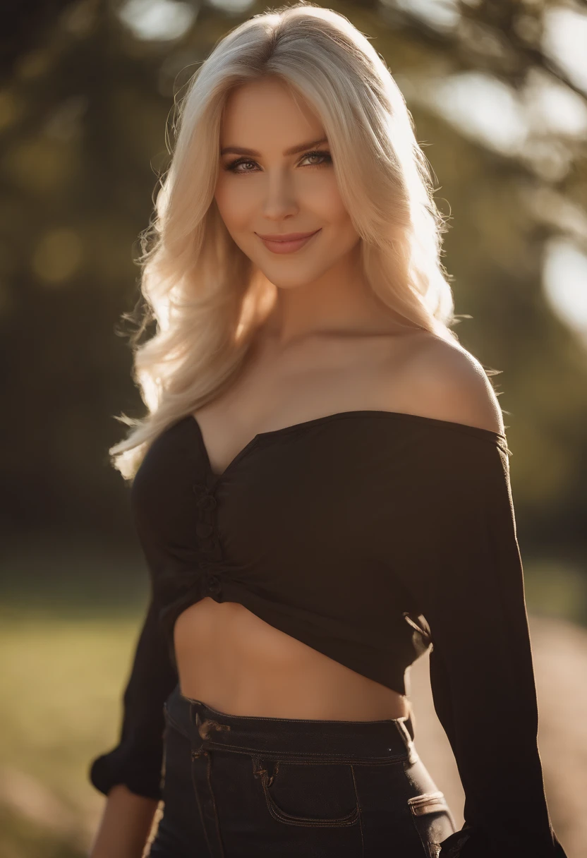 professional, (4k photo:1.1) by (Jeremy Lipking:0.3), (Dittmann Anna:0.3), (Arian Mark:0.3), (Sharp focus:1.3), high detail, wearing (lowcut shirt:1.2), beautiful detailed face, hazel eyes, long blonde hair, (attractive young woman:1.3), (seductive:1.1), (blushing:1.1), hourglass body shape, large round big breasts, wide thicc hips, blonde goddess, tight outfit, tight attire, smiling seductively, pretty face, perfect white haired girl, satisfied pose, cute seductive smile, beautiful blonde girl, good young girl, beautiful angle, attractive pose, cute girl, sexy pose, a gorgeous blonde, full body picture, full body, full body shoot, wearing black skirt and boots