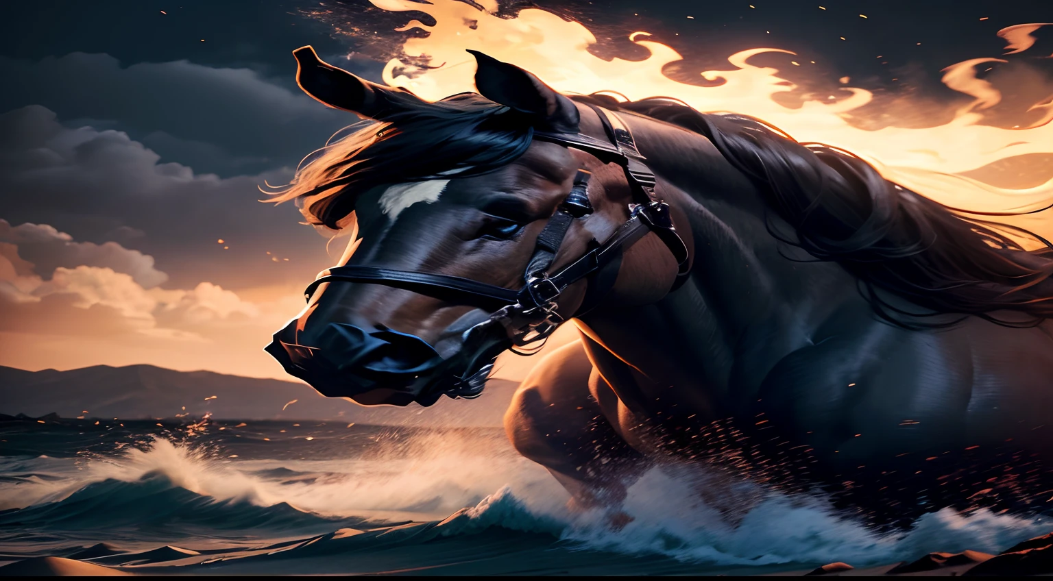 CAVALO CAVALGANDO SOBRE O FOGO, MONTADO COM UM HOMEM COM CARA DE MAL, scary setting