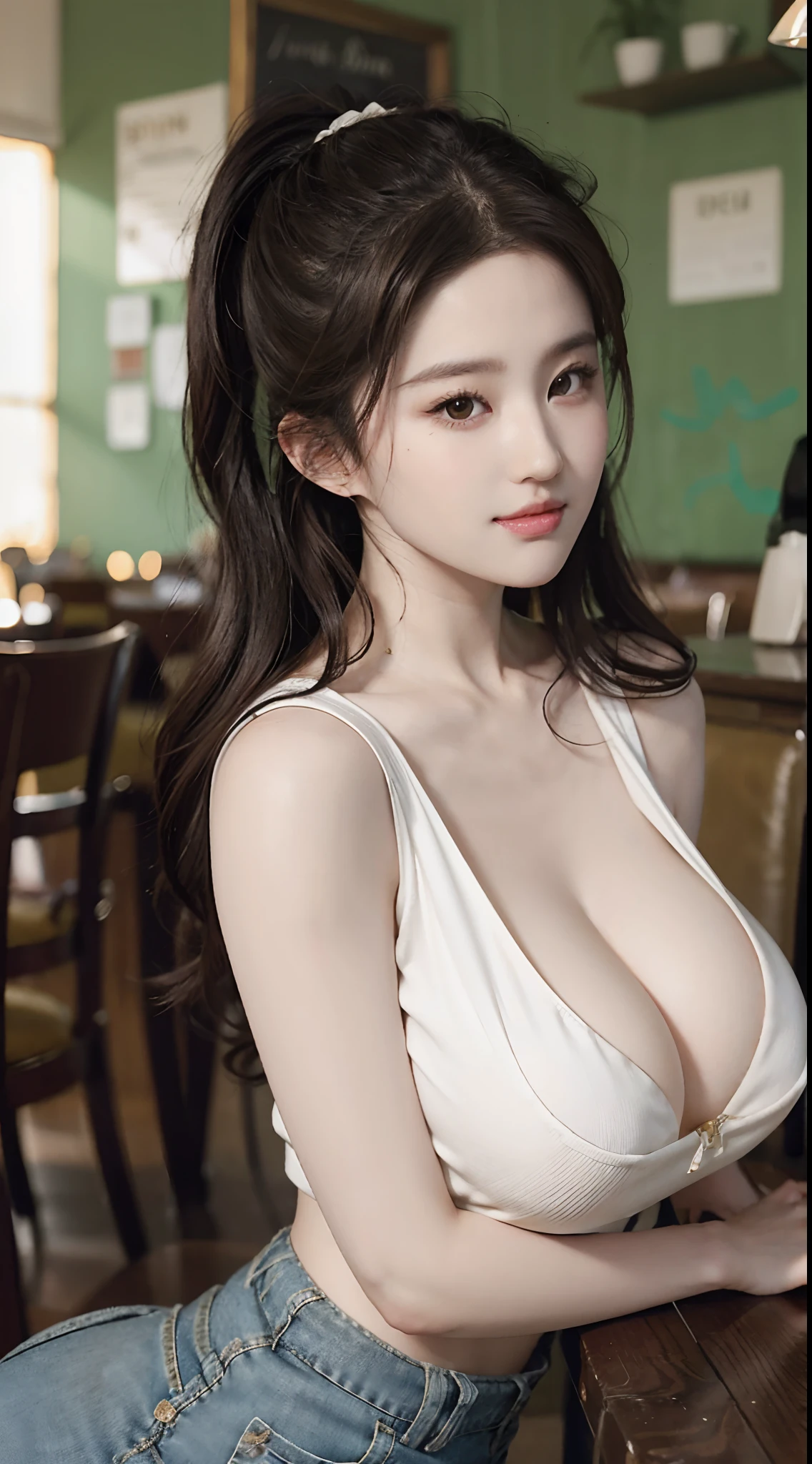 1 pretty girl，white skinned，brown  hair，shorter pants，looking at viewert，pony tails，Cafe，Brown eyes，Realistis，Curved posture，Bigchest，huge tit，ssmile，low chest