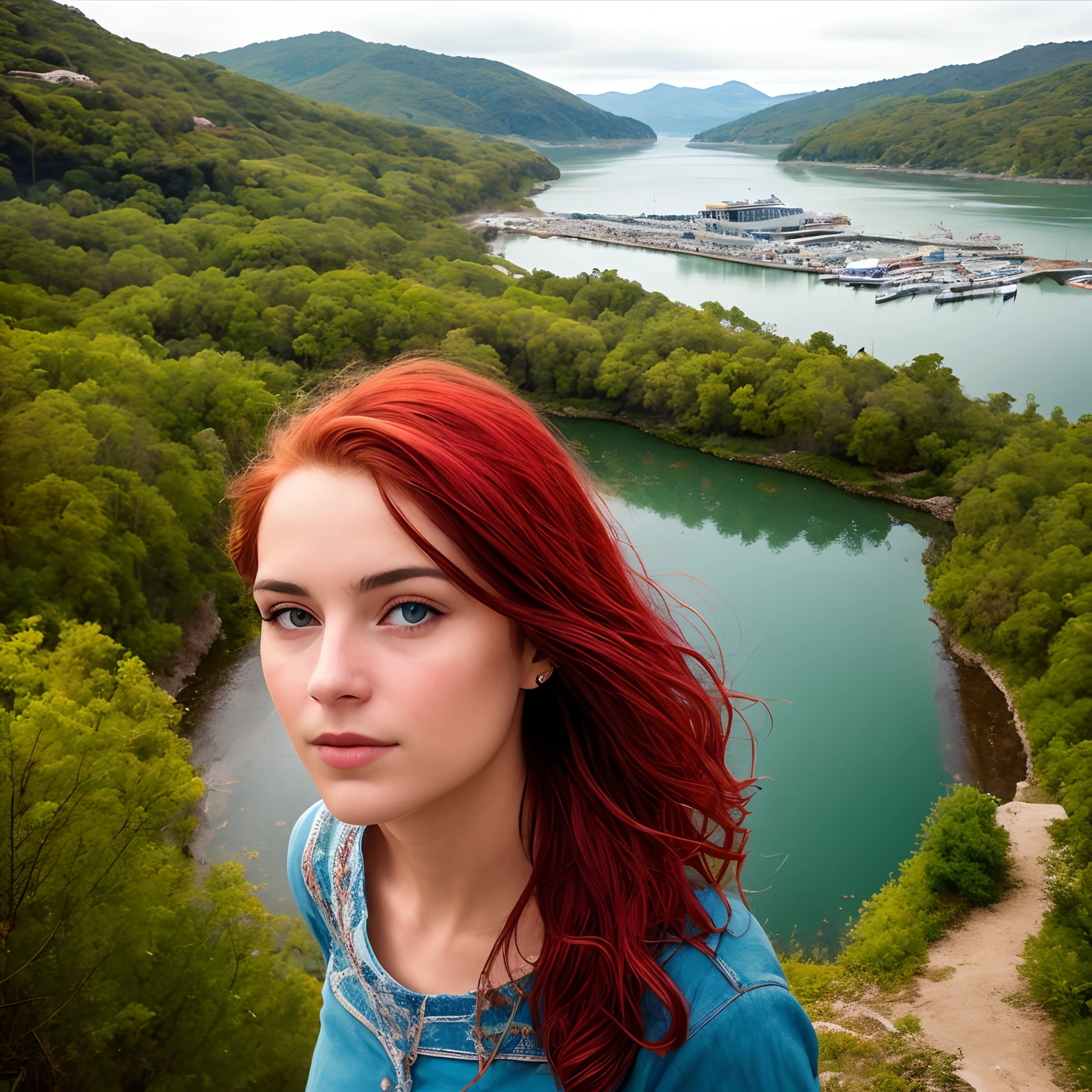 Foto HD, best quality, hiper-realista, cinematic realistic photo, innocent 20yo feminin of a girl is extraordinarily beautiful with intense HARBOR red hair, perto de insetos como borboletas e abelhas. (8k, Epic composition, fotorrealista, foco nítido), fundo elaborado, DSLR, detalhes intrincados, rule of thirds, biologia inset