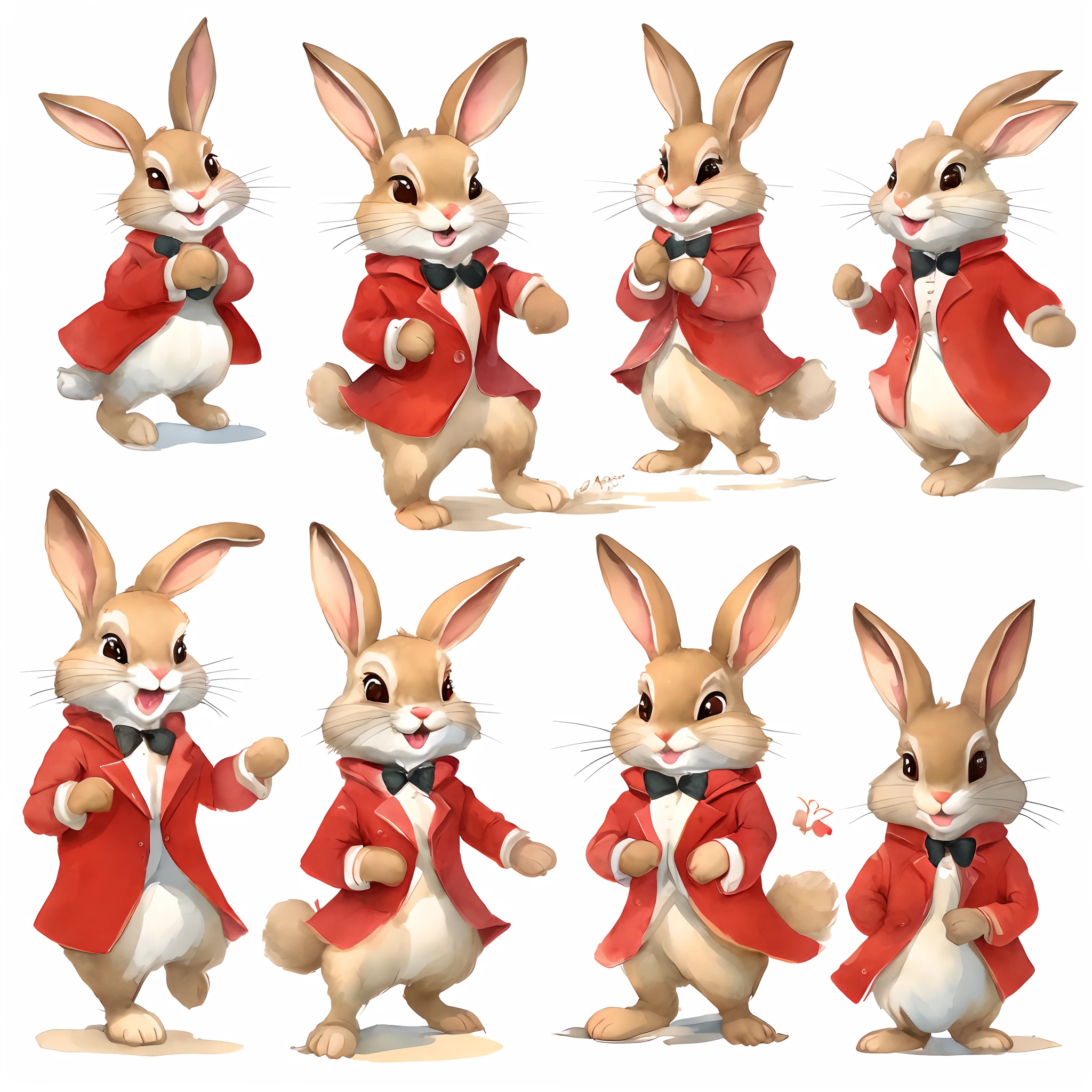 Cute little anthropomorphic beige rabbit on two legs in 6 different poses, in a red coat of the 20th century, Multiple postures and facial expressions sits, watercolour, kids book illustrstion, chibi style,greg rutkowski