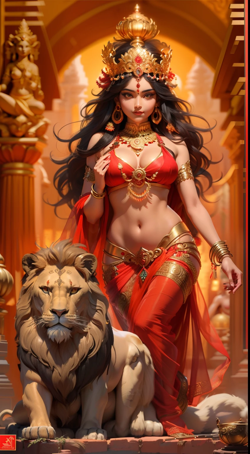 (highly detailed), (illustration), (intricate), (beautiful face), (attractive body), (complete body picture), modern indian goddess, Hinduism, (transparent red saree), (visible natural breasts), ((NSFW)), (exposed chest) , dynamic pose, deity crown, (lion standing nearby), colorful, eye-catching, heavenly, inside a temple.