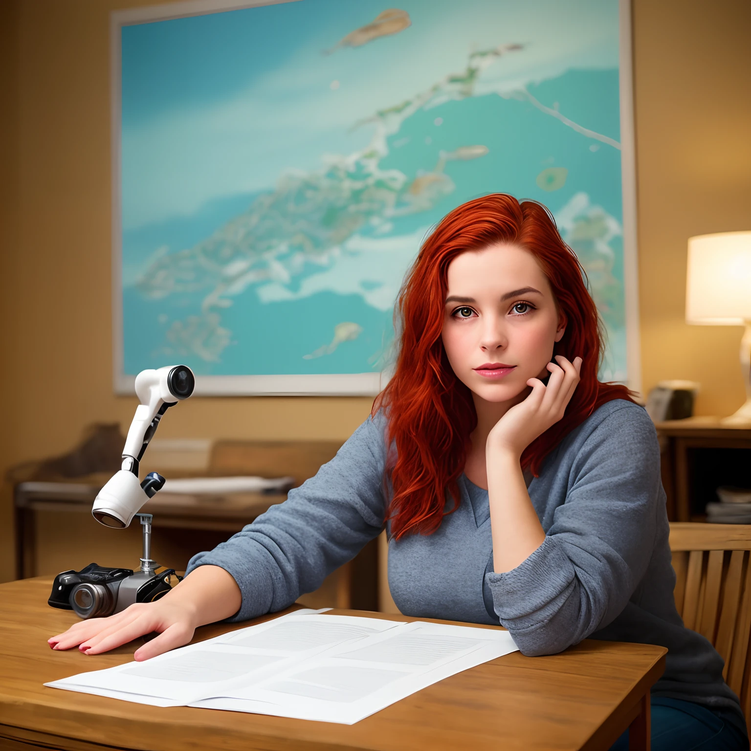Foto HD, best quality, hiper-realista, cinematic realistic photo, innocent 20yo feminin of a girl is extraordinarily beautiful with intense HARBOR red hair, perto de insetos como borboletas e abelhas. (8k, Epic composition, fotorrealista, foco nítido), fundo elaborado, DSLR, detalhes intrincados, rule of thirds, biologia inset