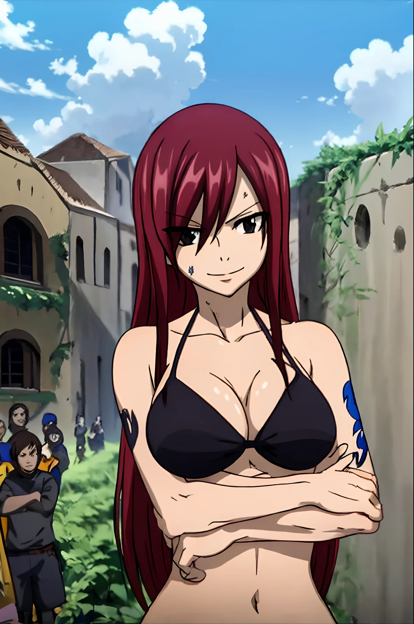 best quality, hires, Scarlet erza, (tiny black bikini only), location: wresting colosseum with crowd watching, adult woman, mature woman, big breasts, lying down, cowboy shot, best quality, ((right shoulder)), slightly strong arms, looking at viewer, important: shoulder tattoo only), big smile, (broad shoulders, strong arms), perfect body, no injuries, knocked down, clean body, from left side, push up, ((folded arms))