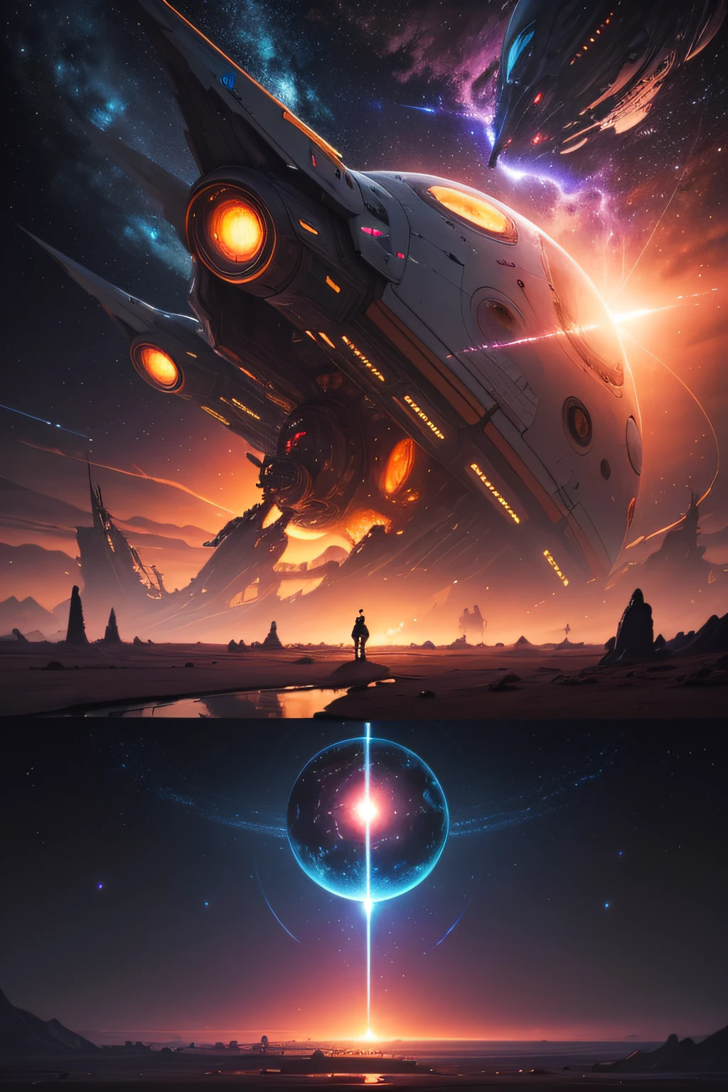 a magnificent, very detailed and very futuristic alien war mothership, with magnificent lighting and a reactor trail in manga style. There is a sunrise and at the same time we see the galaxy, a black hole downstream a planet and the stars as well as a shooting star