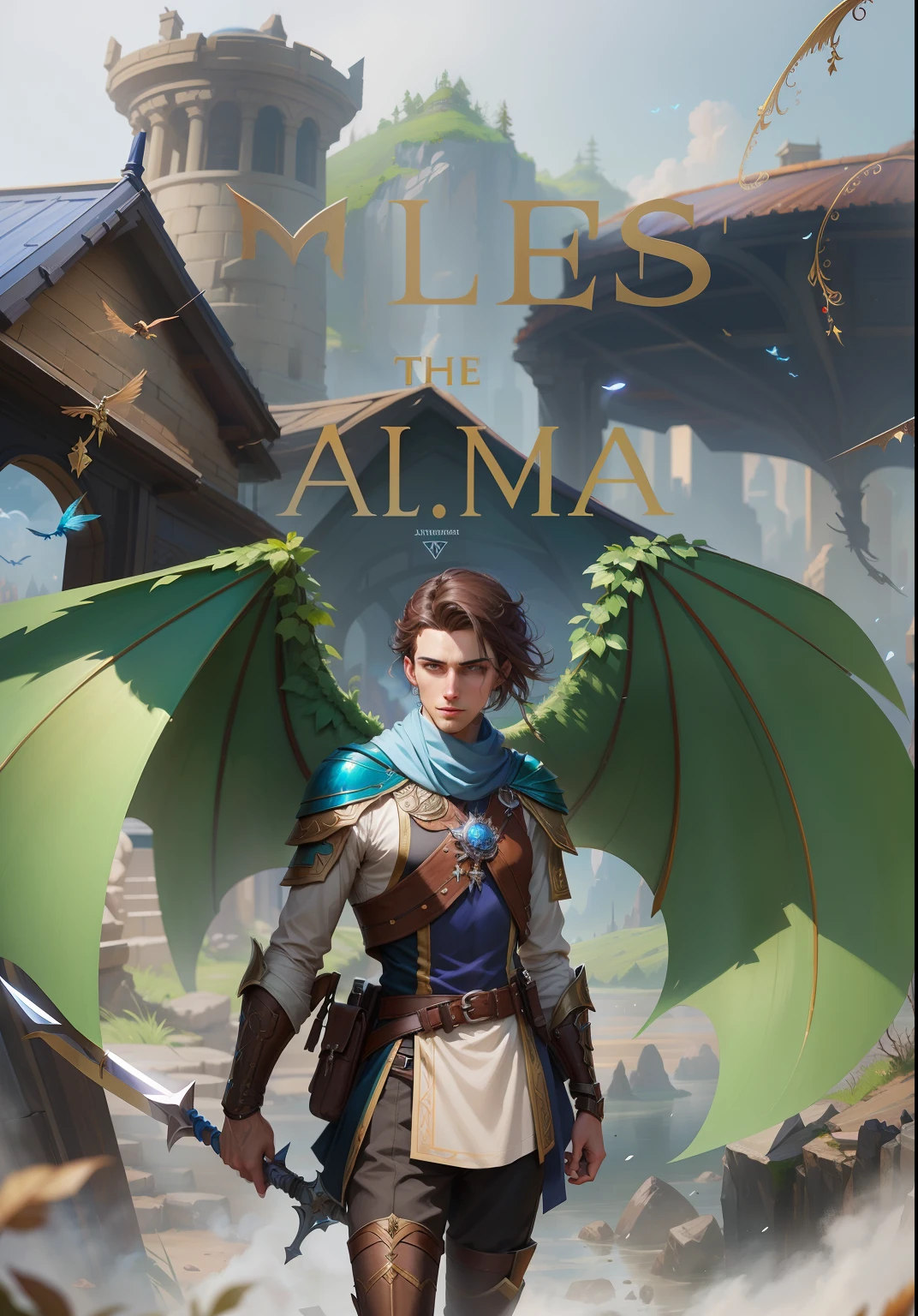 There is a man dressed in a suit with wings and a sword, capa de romance de fantasia para jovens adultos, capa do romance litrpg, inspirado em Alexis Grimou, Capa de livro de fantasia, inspirado em Magali Villeneuve, epic fantasy novel cover art, inspirado em Philipp Veit, Artgerm e Atey Ghailan, caleb from critical role, inspirado por Thomas M. Baxa