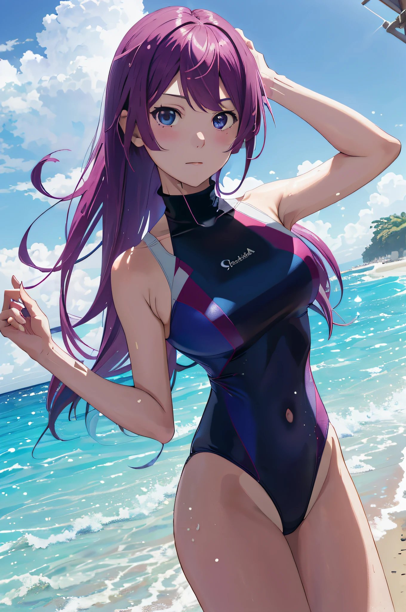 Obra maestra, La mejor calidad, Altas Resoluciones, sh1, Senjougahara Hitagi, Cabello largo, mangas largas,((( high neck swimsuit rosa claro))),muslos , Disparo de vaquero, Brazos cruzados,sakura