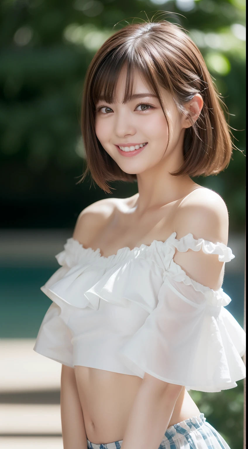 ((8K:1.27)、top-quality、​masterpiece、超A high resolution:1.2)Photo Beautiful Japan woman(pleasing:1.1) (The shirt:1.21) Elegance、There is a good、Gradient lighting、1girl in、Delicate skin、Look here、Brown-eyed、(short hair with bangs:1.2)、(breasts are large:1.0)、(medium areola:0.8)、(realisitic:1.4)、(top-quality:1.0)、(超A high resolution:1.0)、8K、Raw photography、(​masterpiece:0.2)、(pureerosface_v1:0.5)、 White linen clothes、Sleeveless、Kamimei、excited expressions、Red cheeks、want me、Staring at this、a park、natta、The fountain、Streetlight、total darkness、deep in the night、sideways Facing、Ass big、Angle from the side、Lean、Colossal tits、A smile、Tight silhouette、Leaning on the railing、Turn your body towards us、Grabbing the railing behind you、facing front、