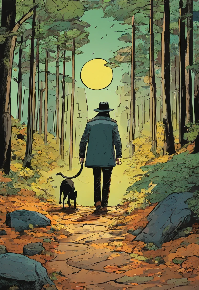 Jack Müntchen, German, 33 years old, Dressed in a black coat, black hat, comics. The comic story of his ordinary life in the forest is presented in several irregular panels with color. Jack is struggling, Running away from home, and then finding aliens. The style is exaggerated and detailed