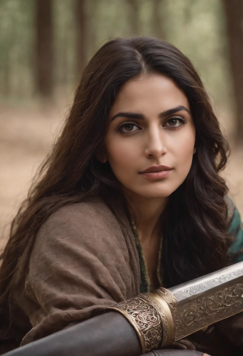 create for me the image of a Arabic Woman, she is resting on her knees and with her sword stuck in the ground, the image has to be from the waist up , She rides a horse, carries a sword