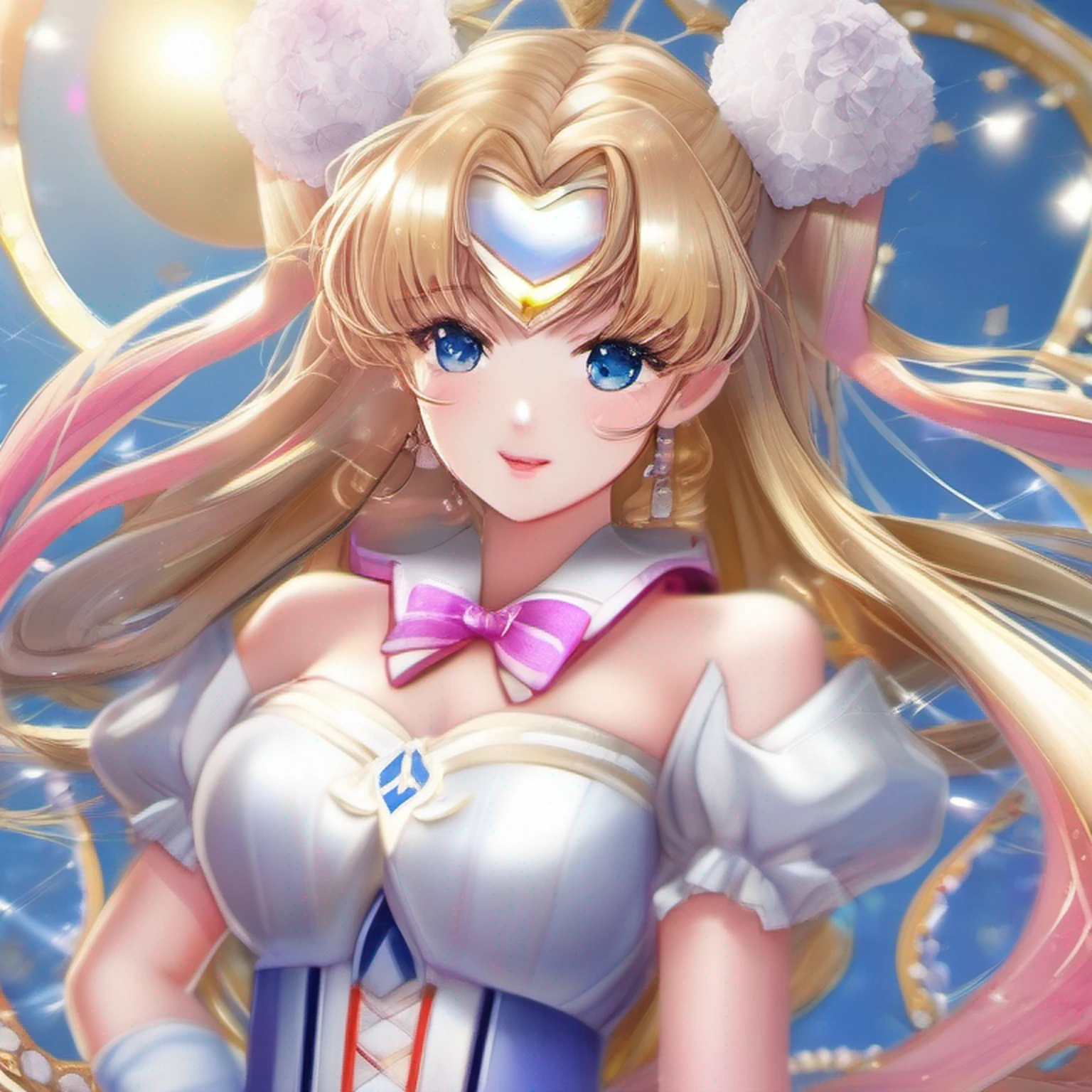 (Extreme detail CG Unity 8K wallpaper, masterpiece, highest quality), (exquisite lighting and shadow, highly dramatic picture, cinematic lens effect), (Sailor Moon: 1.1), charming smile, double tail, blue eyes, blond hair, tight top, white gloves, mini skirt, dynamic pose), the background is the universe (excellent detail, excellent lighting, wide angle), (excellent rendering, enough to stand out in its class), --auto