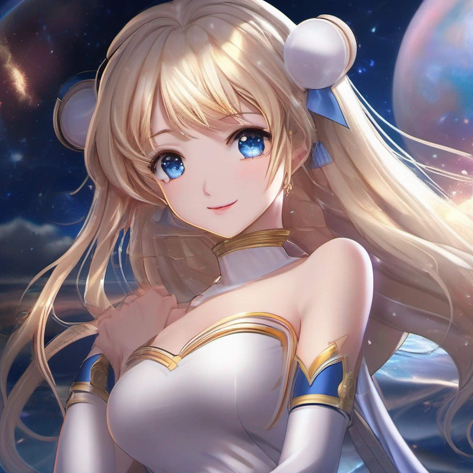 (Extreme detail CG Unity 8K wallpaper, masterpiece, highest quality), (exquisite lighting and shadow, highly dramatic picture, cinematic lens effect), (Sailor Moon: 1.1), charming smile, double tail, blue eyes, blond hair, tight top, white gloves, mini skirt, dynamic pose), the background is the universe (excellent detail, excellent lighting, wide angle), (excellent rendering, enough to stand out in its class), --auto