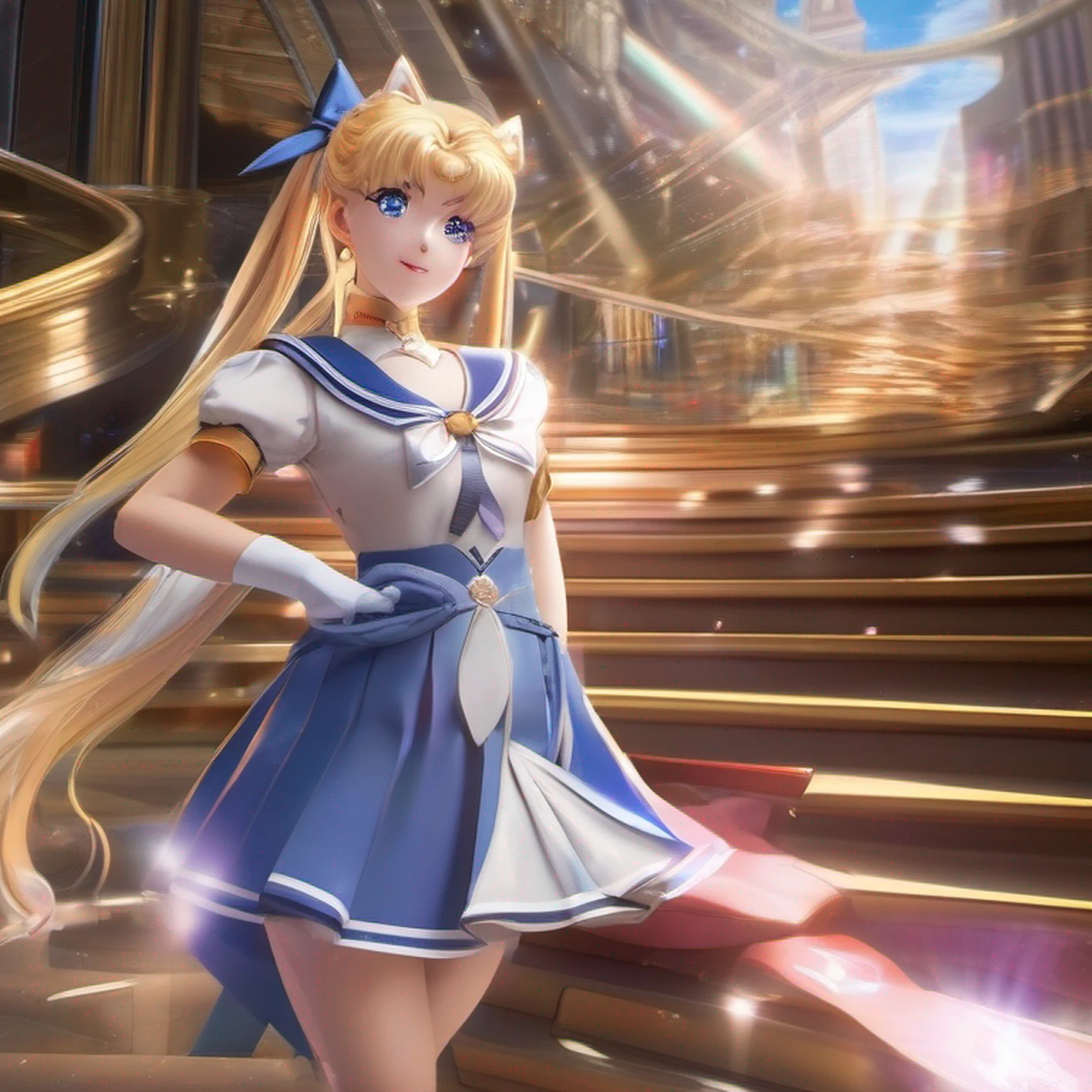 (Extreme detail CG Unity 8K wallpaper, masterpiece, highest quality), (exquisite lighting and shadow, highly dramatic picture, cinematic lens effect), (Sailor Moon: 1.1), charming smile, double tail, blue eyes, blond hair, tight top, white gloves, mini skirt, dynamic pose), the background is the universe (excellent detail, excellent lighting, wide angle), (excellent rendering, enough to stand out in its class), --auto