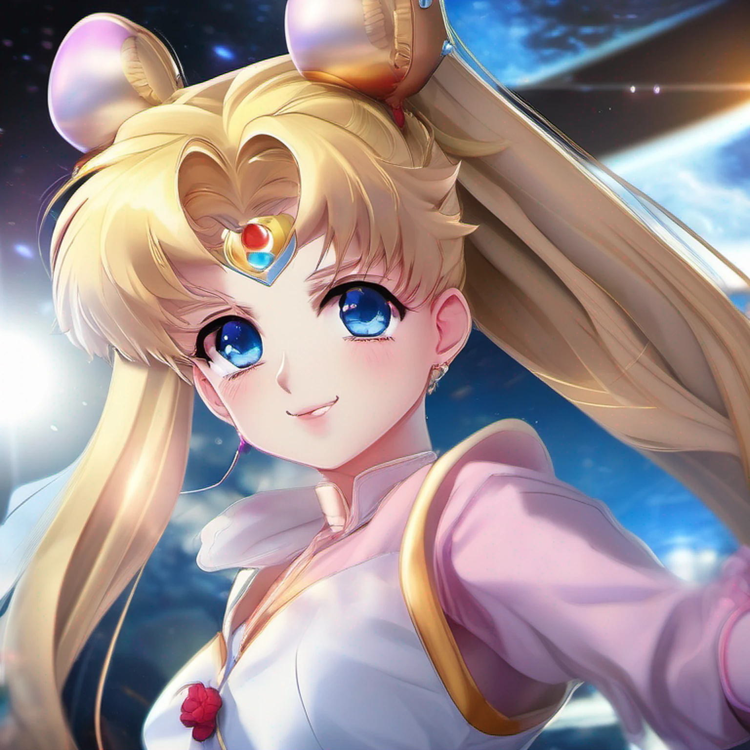 (Extreme detail CG Unity 8K wallpaper, masterpiece, highest quality), (exquisite lighting and shadow, highly dramatic picture, cinematic lens effect), (Sailor Moon: 1.1), charming smile, double tail, blue eyes, blond hair, tight top, white gloves, mini skirt, dynamic pose), the background is the universe (excellent detail, excellent lighting, wide angle), (excellent rendering, enough to stand out in its class), --auto