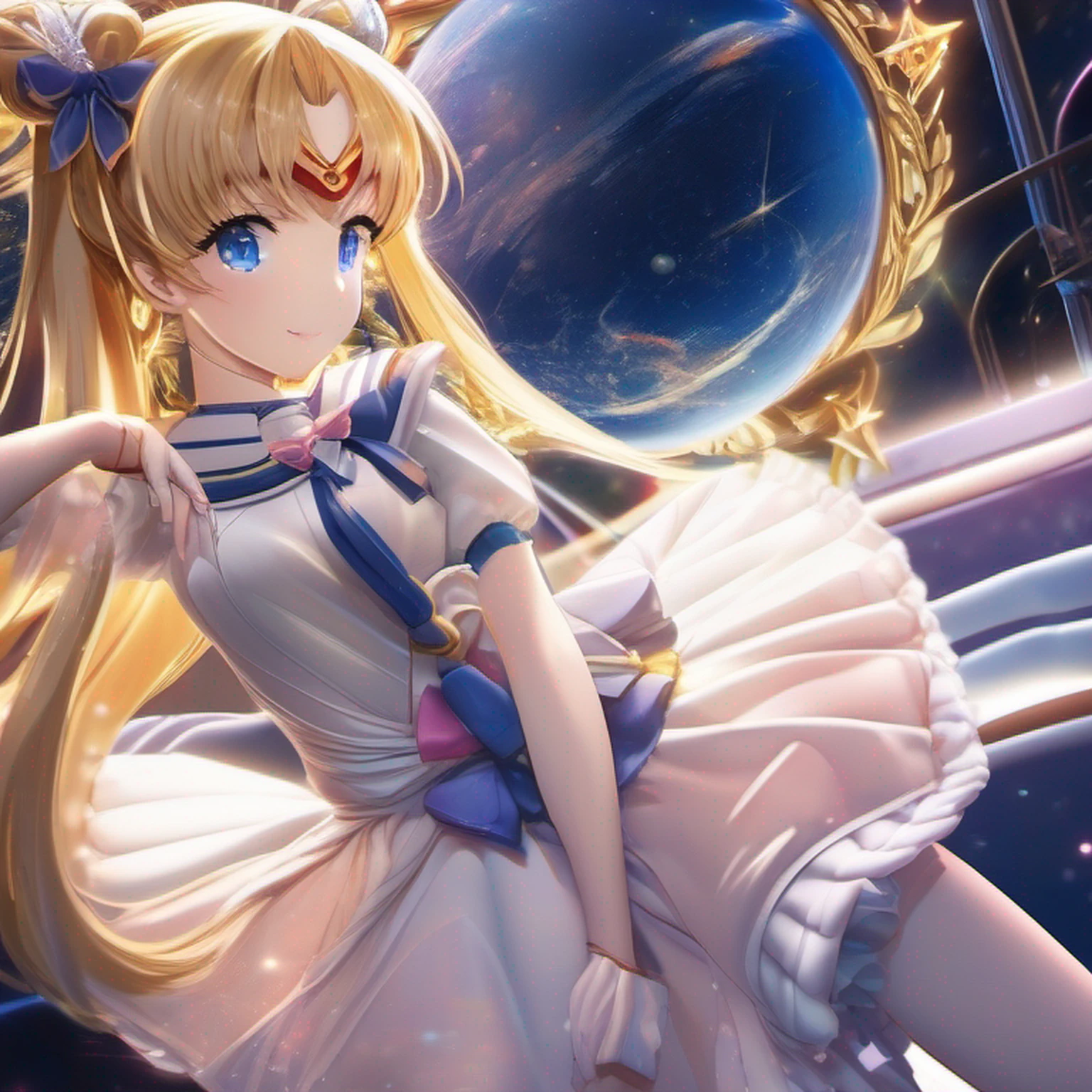 (Extreme detail CG Unity 8K wallpaper, masterpiece, highest quality), (exquisite lighting and shadow, highly dramatic picture, cinematic lens effect), (Sailor Moon: 1.1), charming smile, double tail, blue eyes, blond hair, tight top, white gloves, mini skirt, dynamic pose), the background is the universe (excellent detail, excellent lighting, wide angle), (excellent rendering, enough to stand out in its class), --auto