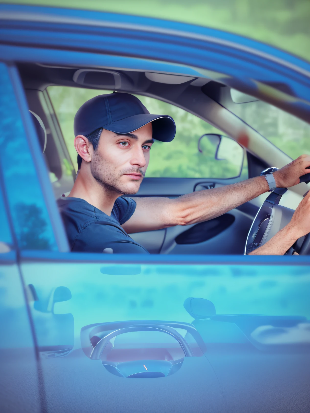 there is a man sitting in a car with a steering wheel, driving a car, driving, driver, face realistic,8k ultra realistic,facesame