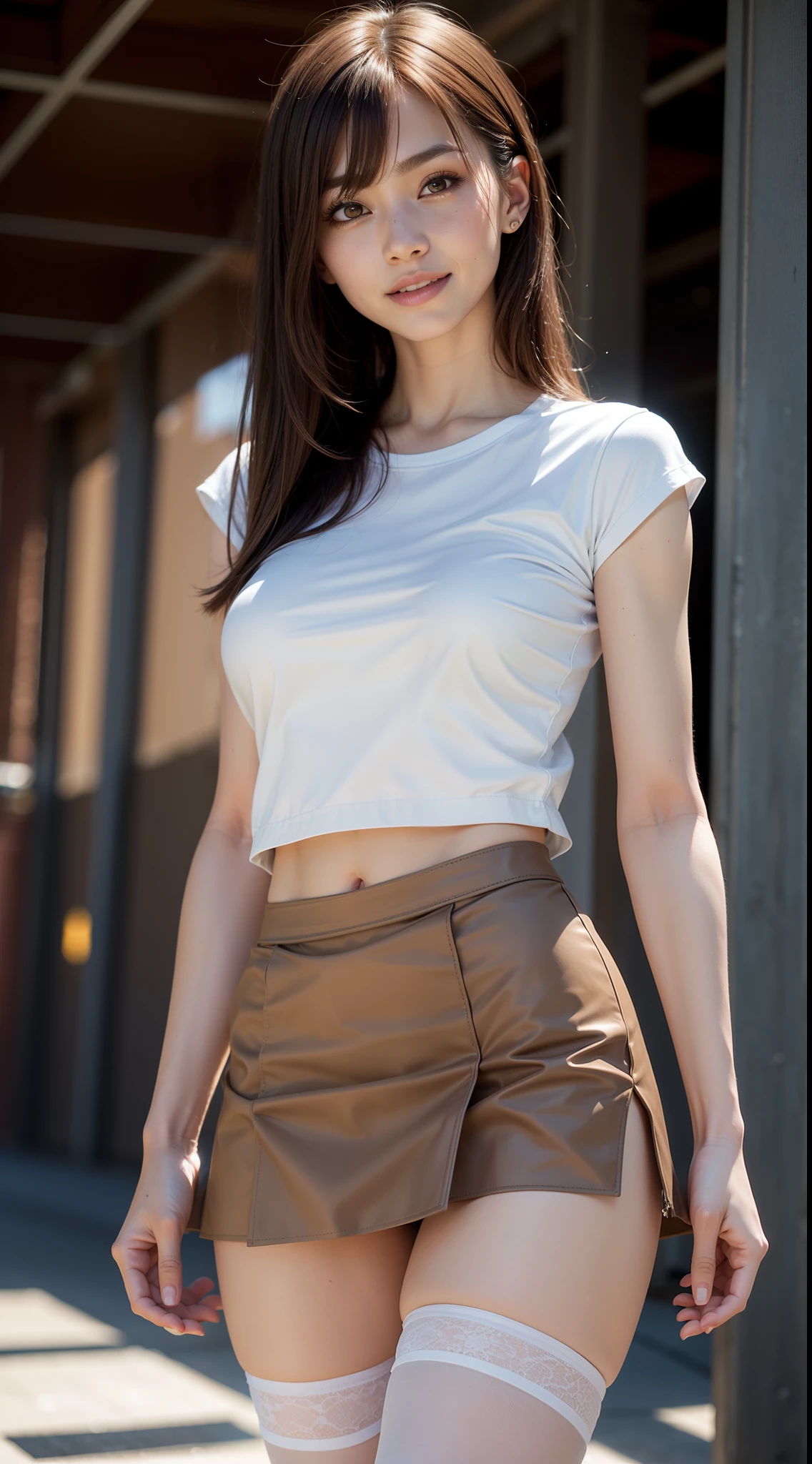 8k, masterpiece, RAW photo, best quality, photorealistic, extremely detailed CG unity 8k wallpaper, Depth of field, Cinematic Light, Lens Flare, Ray tracing, (extremely beautiful face, beautiful lips, beautiful eyes), intricate detail face, ((ultra detailed skin)) 1girl, in the dark, deep shadow, pretty asian girl, 1 girl, (very slim slender fit-muscled body:1.3), ((looking at viewer)),(big smile:1.3), (short skirt ), (white mini skirt ), (mini skirt ), pantyhose, clear eyes, walking , front shot, (pale skin), (big eyes), face forward, ((big shirt)), (brown hairs), (looking at viewer:1.3) very slim, medium breasts, (camel toe), thick thighs, laced stockings, sunny, landscape, cheerleading clothes