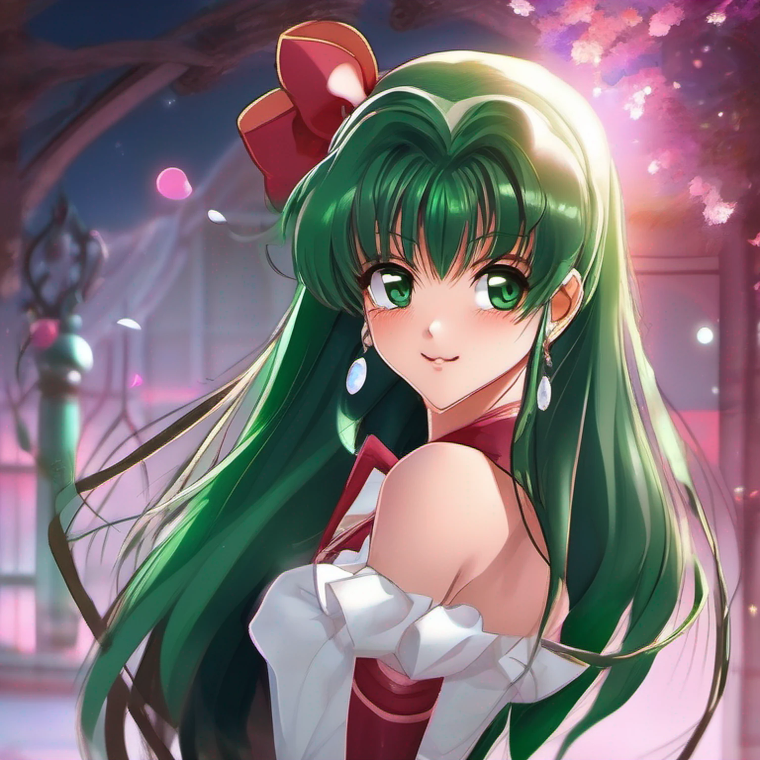 Significado moderno de anime. Angled view, Face closeup action cute portrait "sailor pluto" de Sailor Moon, cabelo longo rabo de cavalo verde, cabelo fluindo ao vento, inclinando-se para a frente, corpo magro, altamente ornamentado e detalhado "saia verde escura", "tampo branco" "luvas brancas", "Arco vermelho do peito", angle, "Botas de salto alto do joelho verde", efeito de desfoque de profundidade de campo, Noite, fotorrealista. Cinematic lighting, altamente detalhado. melhor qualidade, 4k, Better hand, anatomia perfeita, expression focused on flirting cute and shy, reflection, peito achatado, roupas altamente ornamentadas, Pose de Luta de Batalha, lua cheia grande no fundo, segurando um (long staff rod with a crystal heart), jardim encantador no fundo