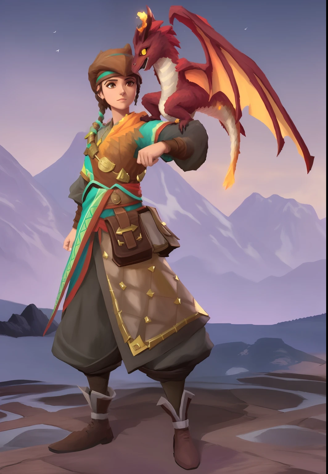 There is a cartoon image of a man holding a dragon, roupa de aventureiro grande capa, Taliyah, Manto de Mago baseado em um tucano, human and dragon fusion, bardo desonesto, Retrato de um aventureiro, clothes themed on a peacock mage, Taliyah Jovem, roupa de ferreiro, Zenra Taliyah, as an anthropomorphic dragon, bardo masculino