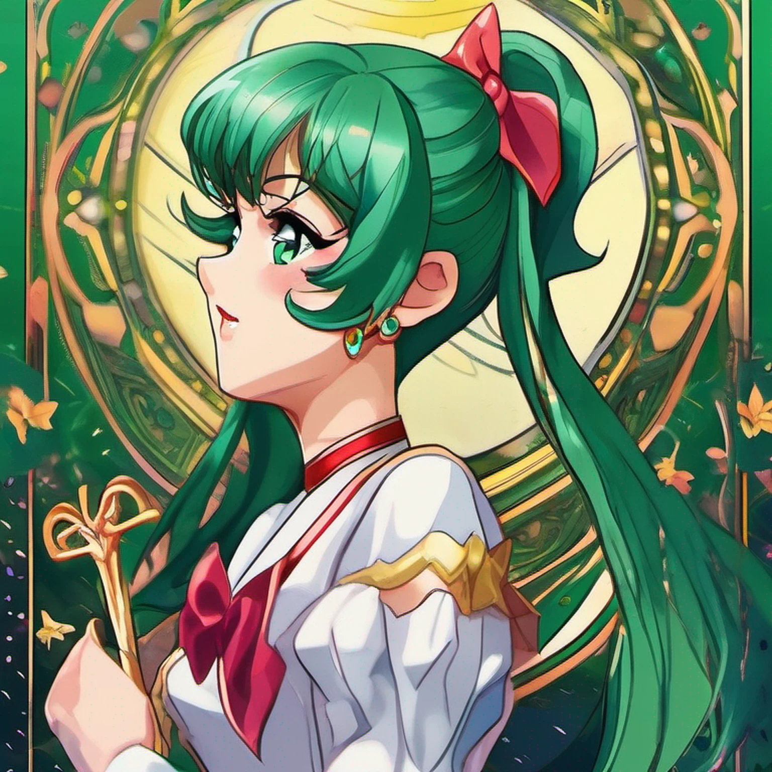 Significado moderno de anime. Angled view, Face closeup action cute portrait "sailor pluto" de Sailor Moon, cabelo longo rabo de cavalo verde, cabelo fluindo ao vento, inclinando-se para a frente, corpo magro, altamente ornamentado e detalhado "saia verde escura", "tampo branco" "luvas brancas", "Arco vermelho do peito", angle, "Botas de salto alto do joelho verde", efeito de desfoque de profundidade de campo, Noite, fotorrealista. Cinematic lighting, altamente detalhado. melhor qualidade, 4k, Better hand, anatomia perfeita, expression focused on flirting cute and shy, reflection, peito achatado, roupas altamente ornamentadas, Pose de Luta de Batalha, lua cheia grande no fundo, segurando um (long staff rod with a crystal heart), jardim encantador no fundo