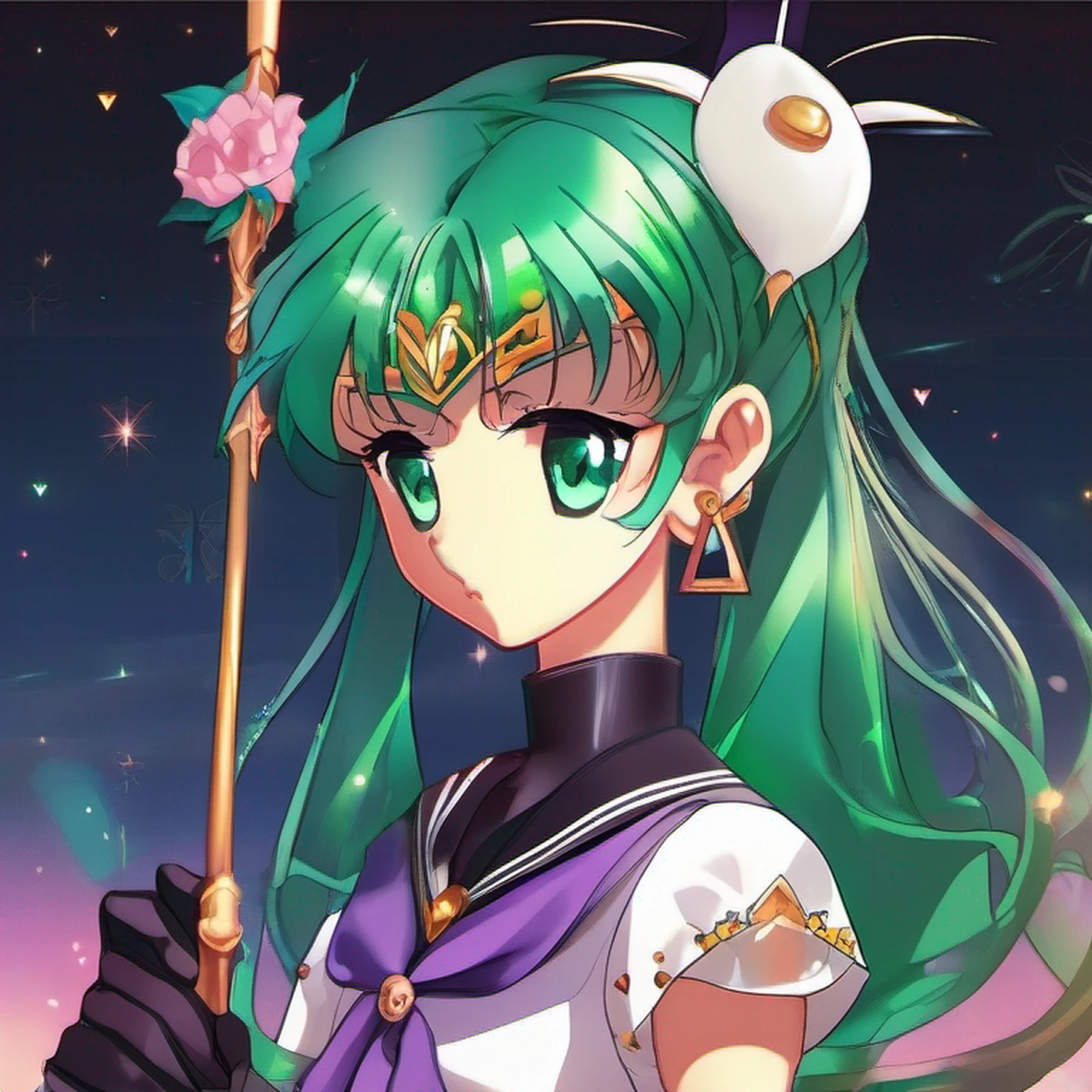 Significado moderno de anime. Angled view, Face closeup action cute portrait "sailor pluto" de Sailor Moon, cabelo longo rabo de cavalo verde, cabelo fluindo ao vento, inclinando-se para a frente, corpo magro, altamente ornamentado e detalhado "saia verde escura", "tampo branco" "luvas brancas", "Arco vermelho do peito", angle, "Botas de salto alto do joelho verde", efeito de desfoque de profundidade de campo, Noite, fotorrealista. Cinematic lighting, altamente detalhado. melhor qualidade, 4k, Better hand, anatomia perfeita, expression focused on flirting cute and shy, reflection, peito achatado, roupas altamente ornamentadas, Pose de Luta de Batalha, lua cheia grande no fundo, segurando um (long staff rod with a crystal heart), jardim encantador no fundo