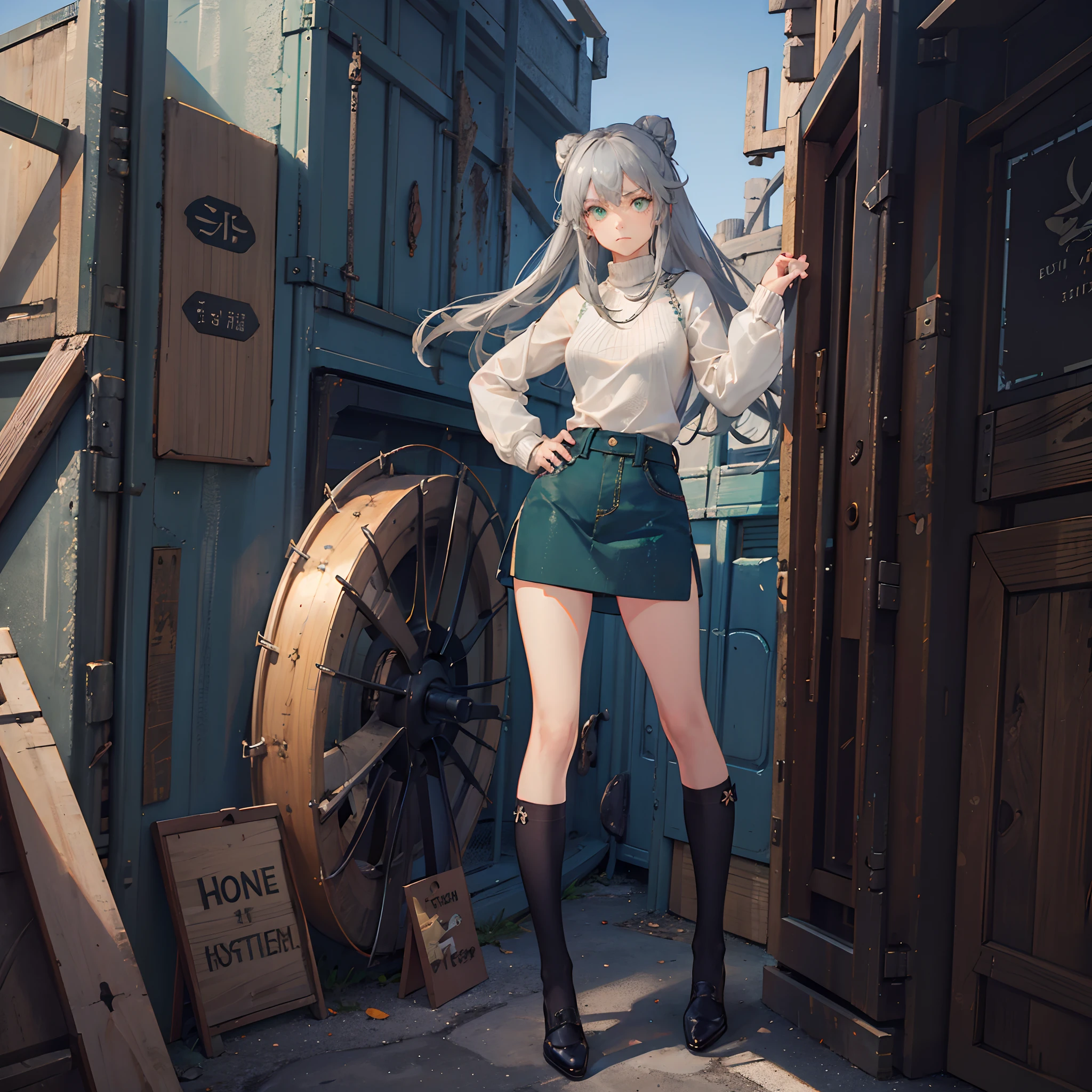 (masterpiece), (best quality), (highly detailed), flat color:1.4, 1girl, fist fighter, emerald green eyes, grey hair, Chinese bun, denim skirt, dynamic pose, Beige sweater, deadpan, a closed mouth